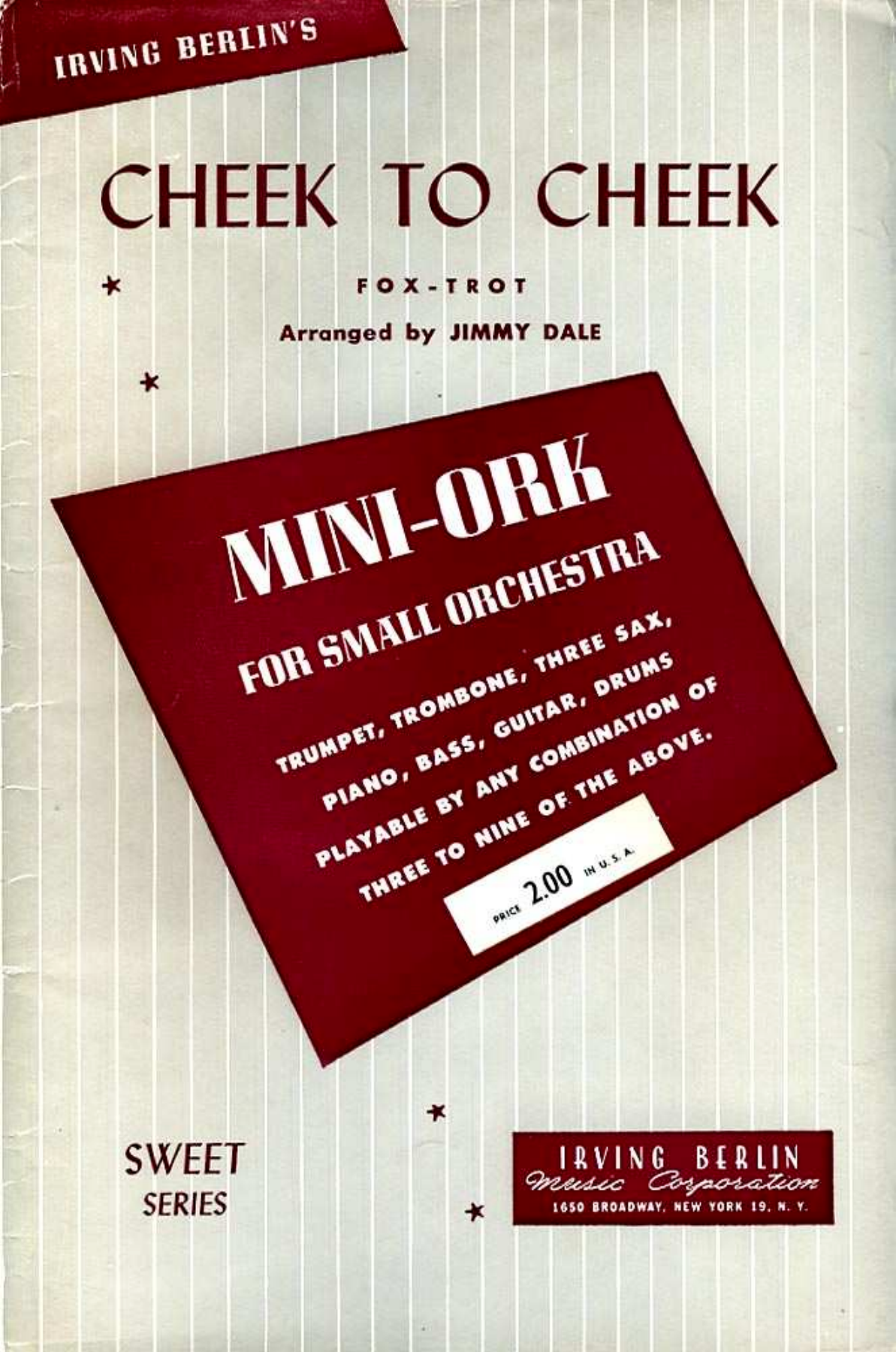 Cheek To Cheek (J.Dale) Combo — Small Ensemble sheet music arranged by JIMMY DALE | Jazz Standard