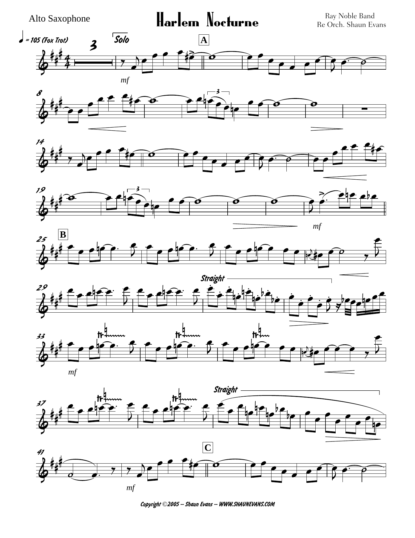 Harlem Nocturne (S.Evans) 6 horns — Small Ensemble sheet music arranged by Shaun Evans | Jazz Standard
