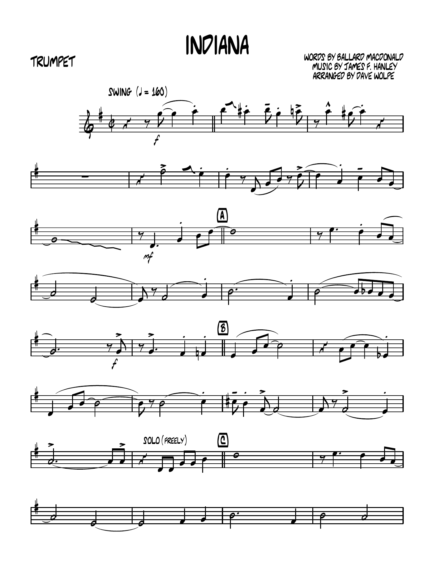 Indiana (D.Wolpe) combo — sheet music cover (first page)