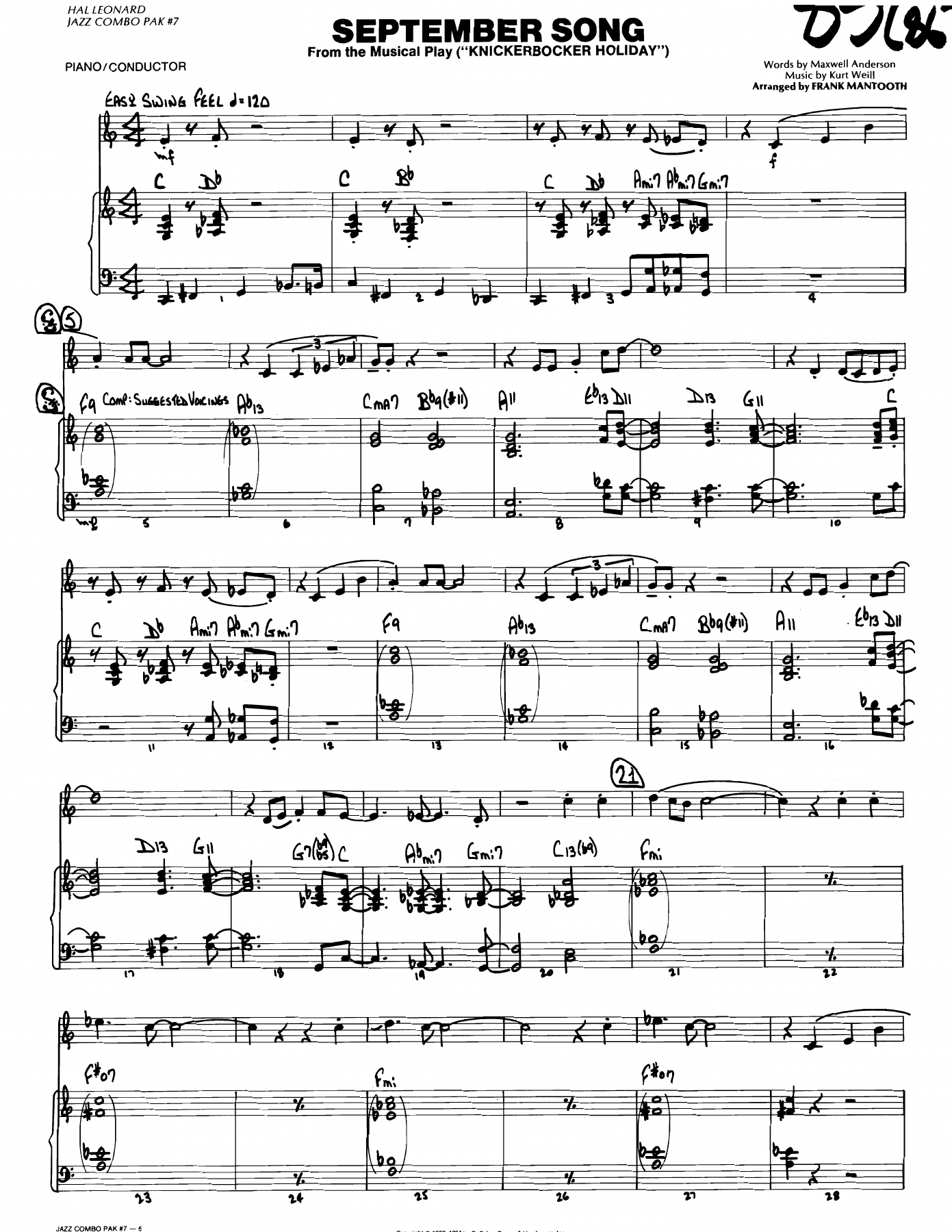 September Song — Small Ensemble sheet music arranged by F.Mantooth | Jazz Standard