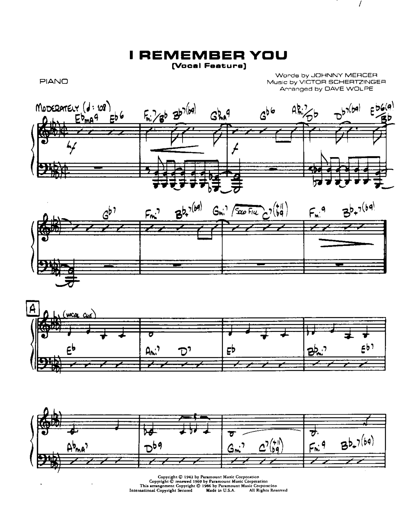 I Remember You — sheet music cover (first page)