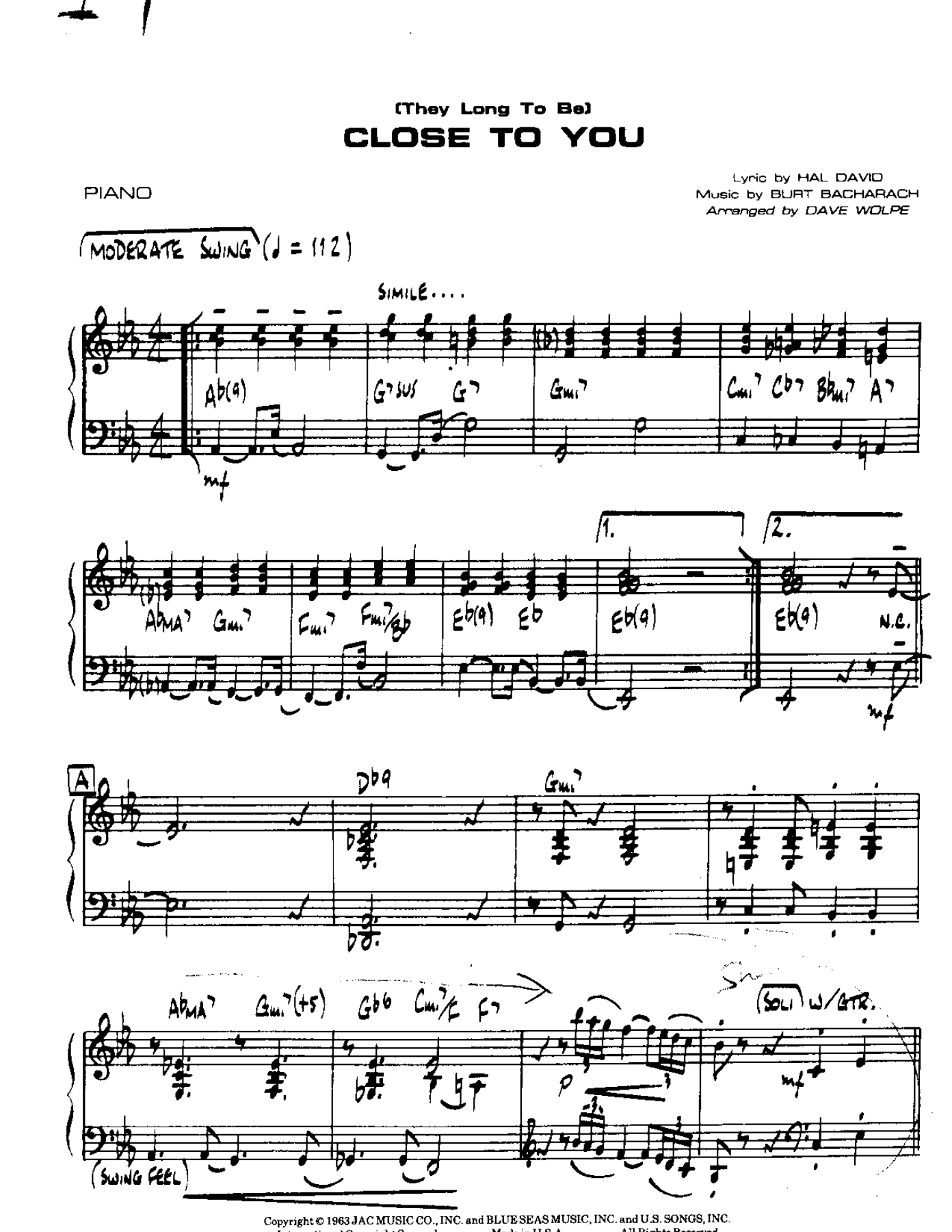 Close To You — Small Ensemble sheet music arranged by DAVE WOLPE | Jazz Standard