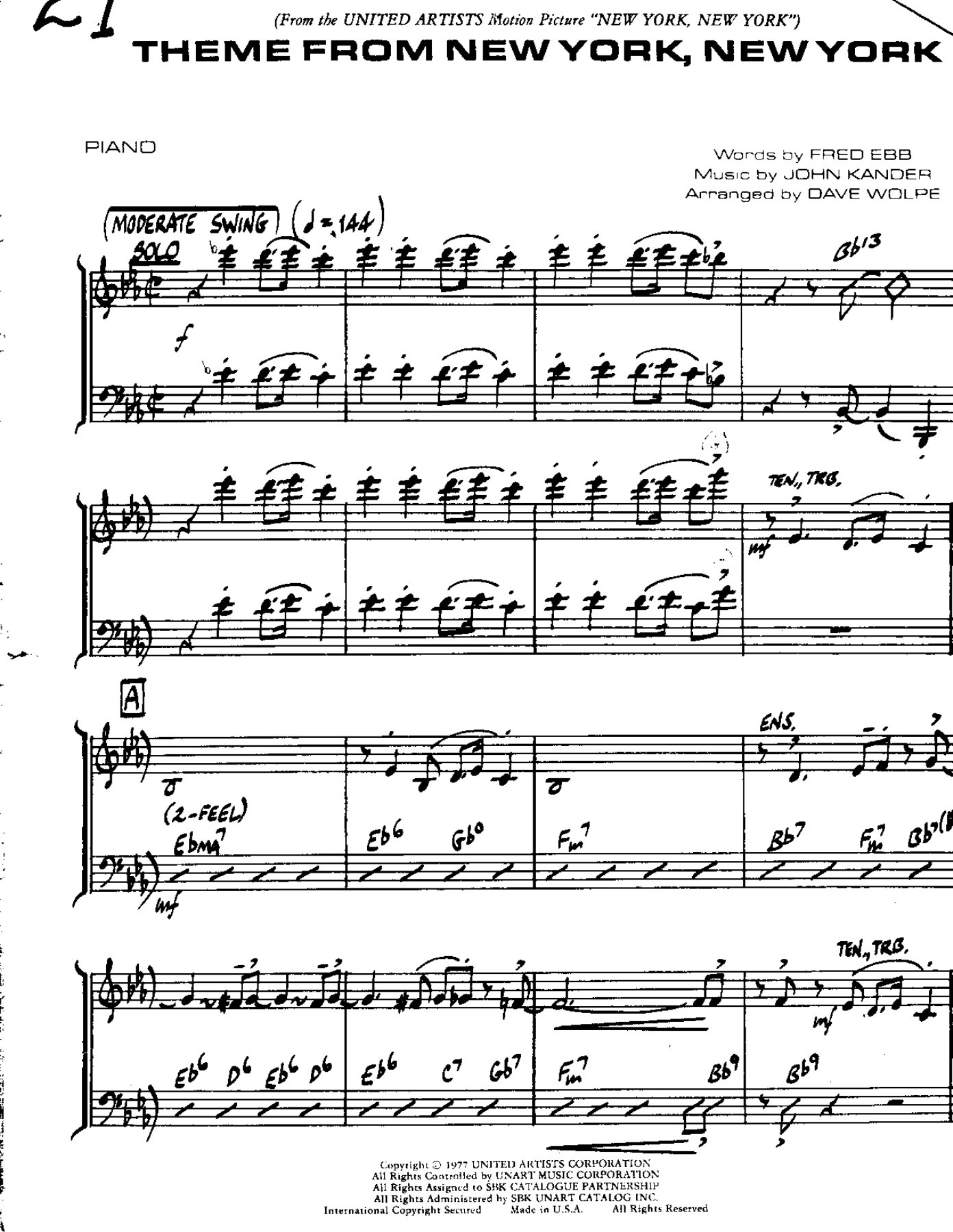 New York-New York — Small Ensemble sheet music arranged by DAVE WOLPE | Jazz Standard