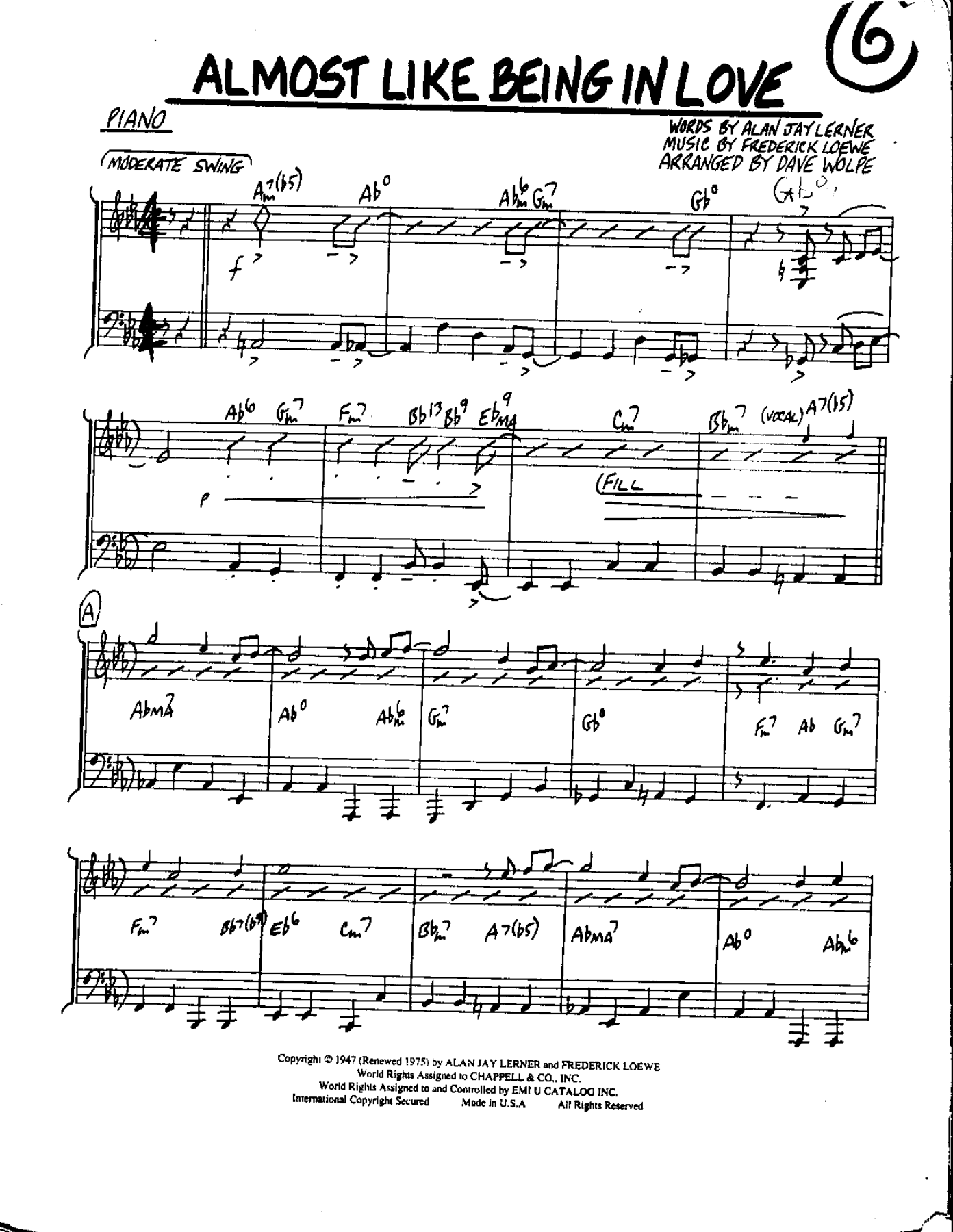Almost Like Being In Love — sheet music cover (first page)