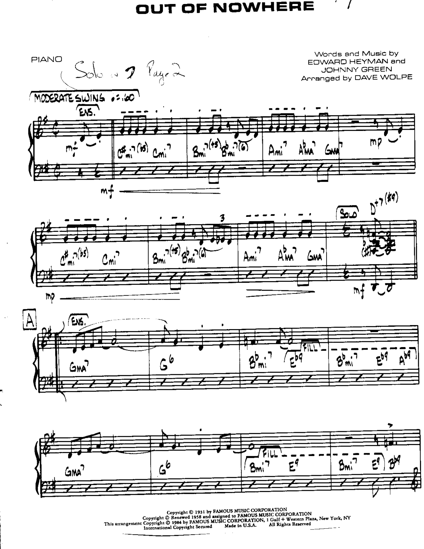 Out Of Nowhere — sheet music cover (first page)