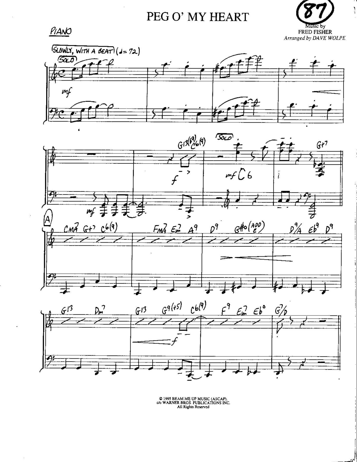 Peg 'O My Heart — Small Ensemble sheet music arranged by DAVE WOLPE | Jazz Standard