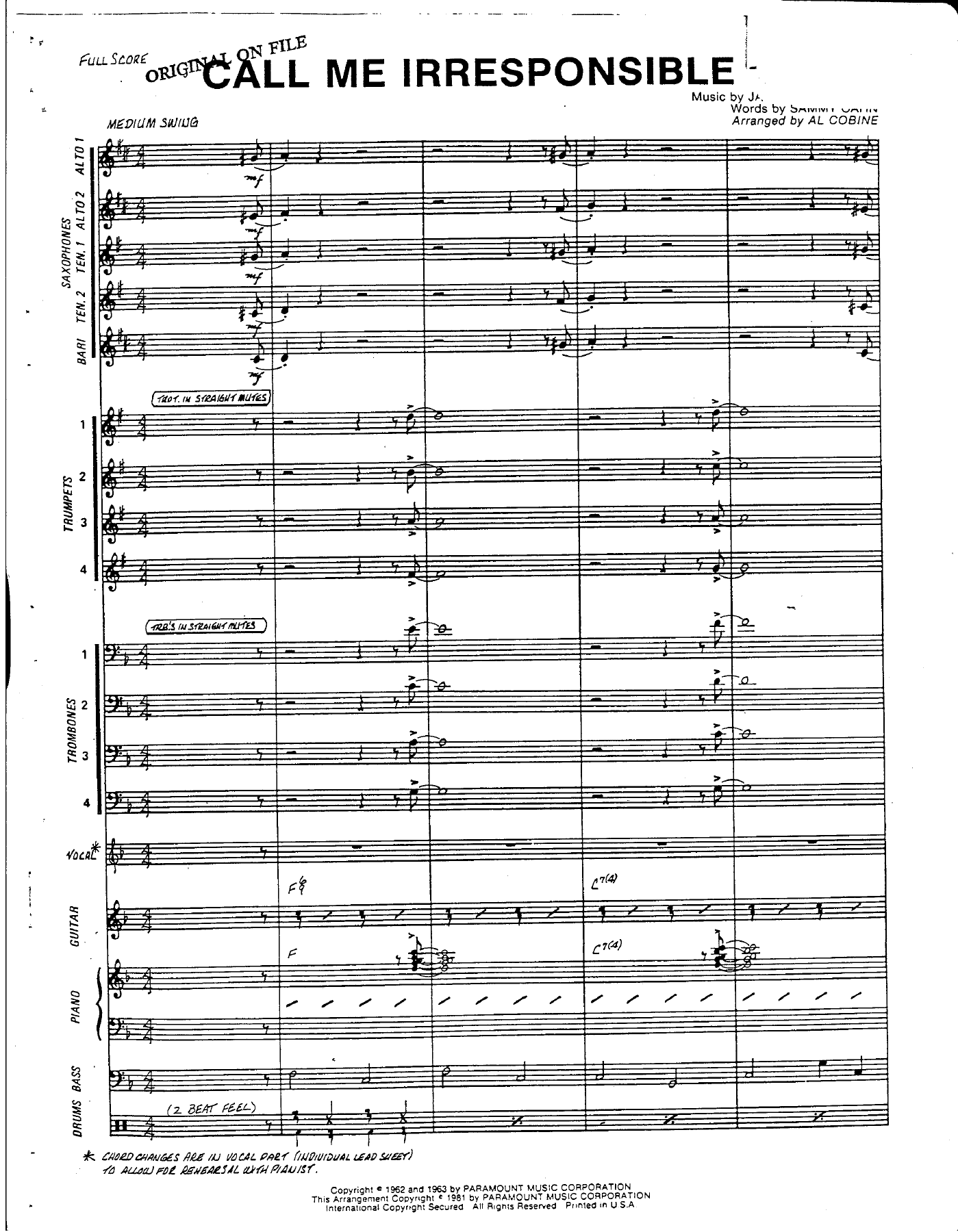 Call Me Irresponsible — big_band_vocal sheet music arranged by Al Cobine | Jazz Standard