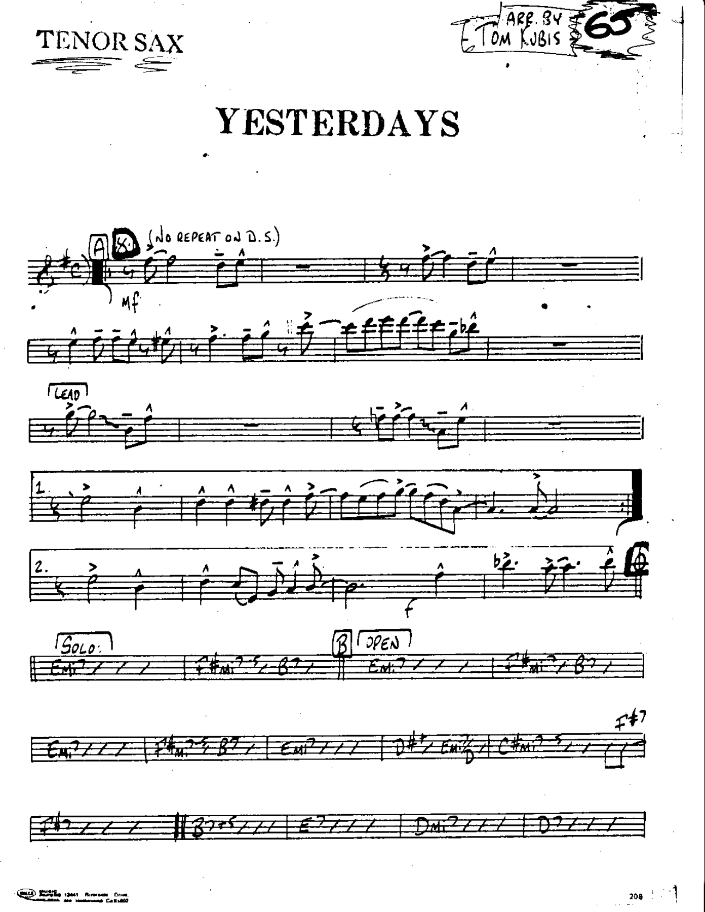 Yesterdays — sheet music cover (first page)