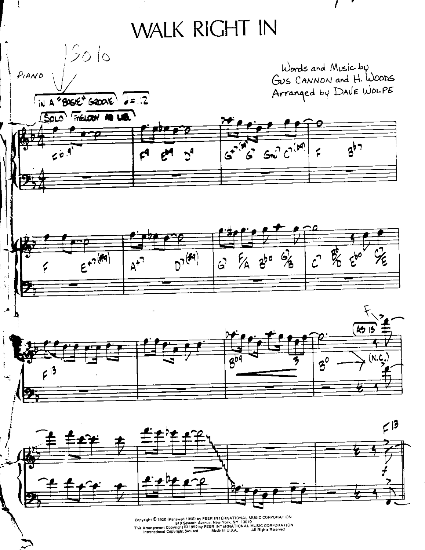 Walk Right In — sheet music cover (first page)