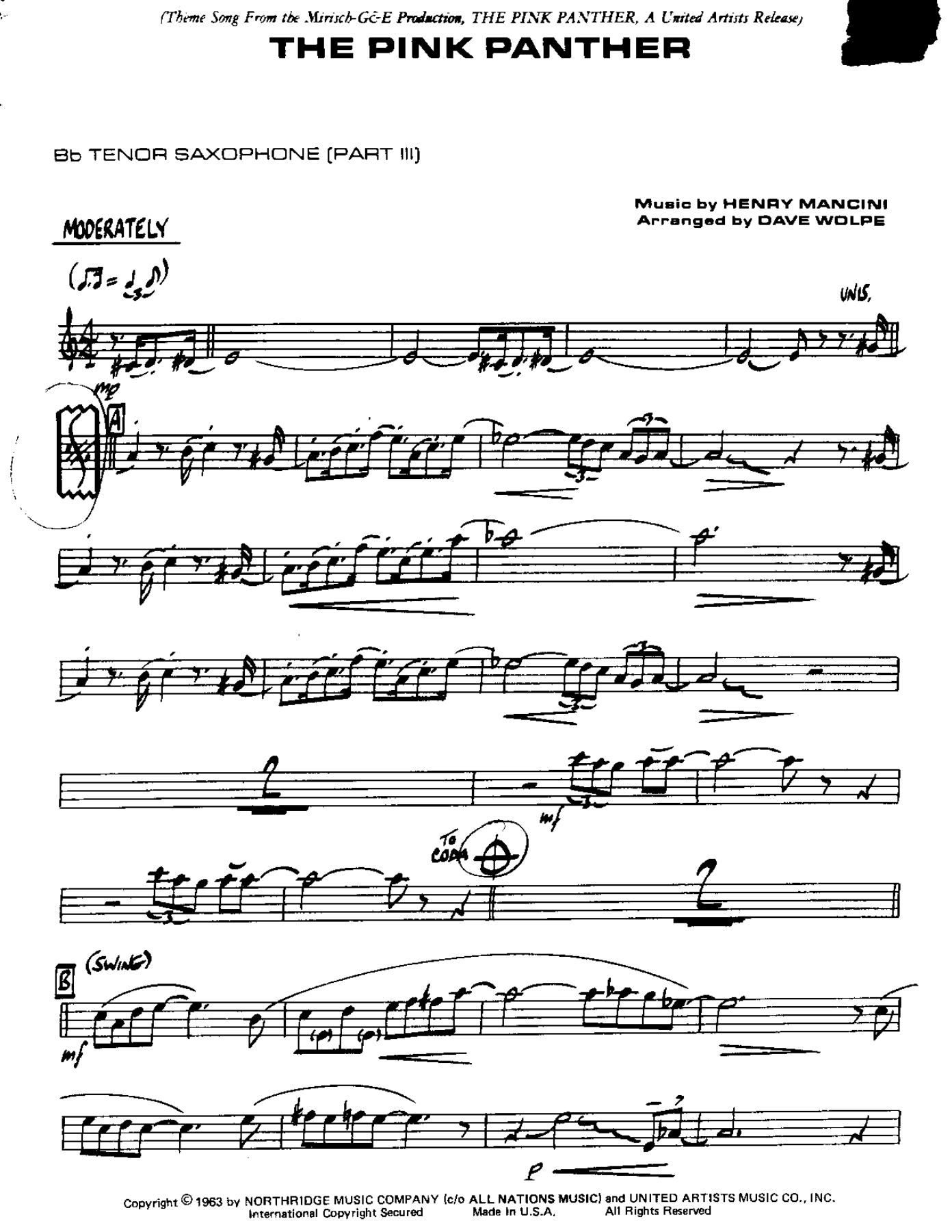 The Pink Panther — sheet music cover (first page)