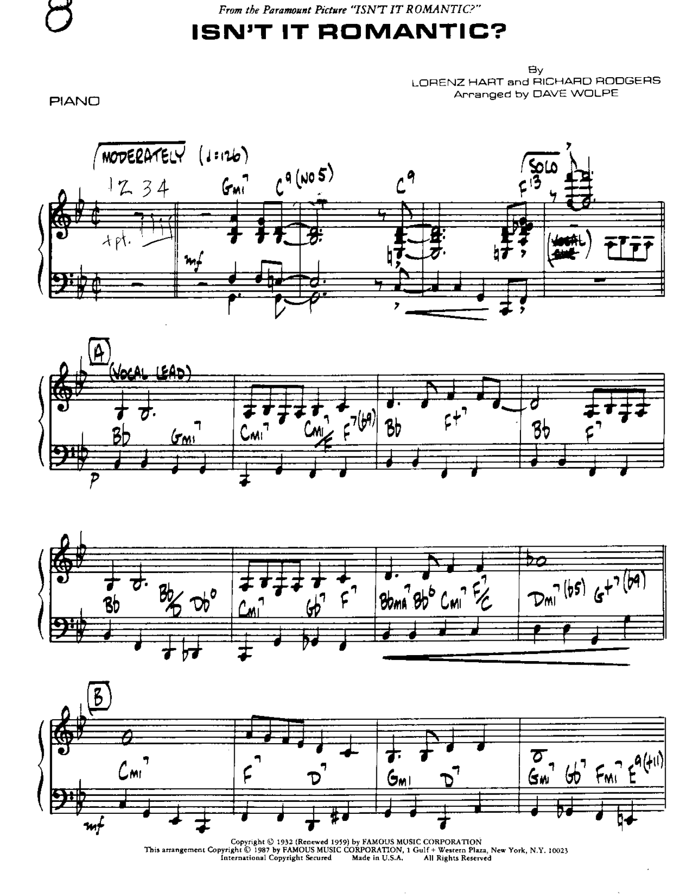 Isn't It Romantic — sheet music cover (first page)