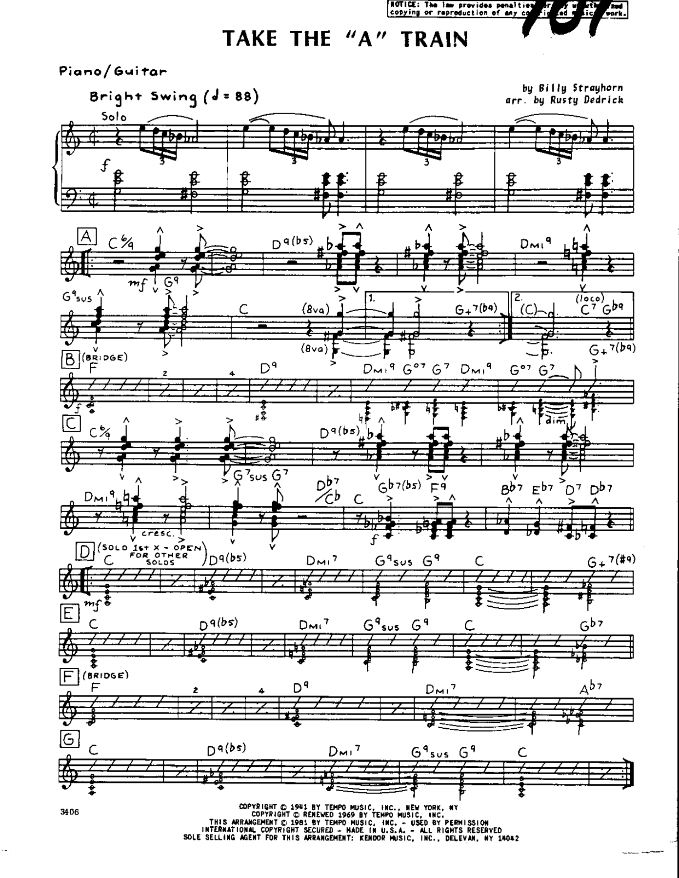 Take The A Train — Small Ensemble sheet music arranged by Rusty Dedrick | Jazz Standard