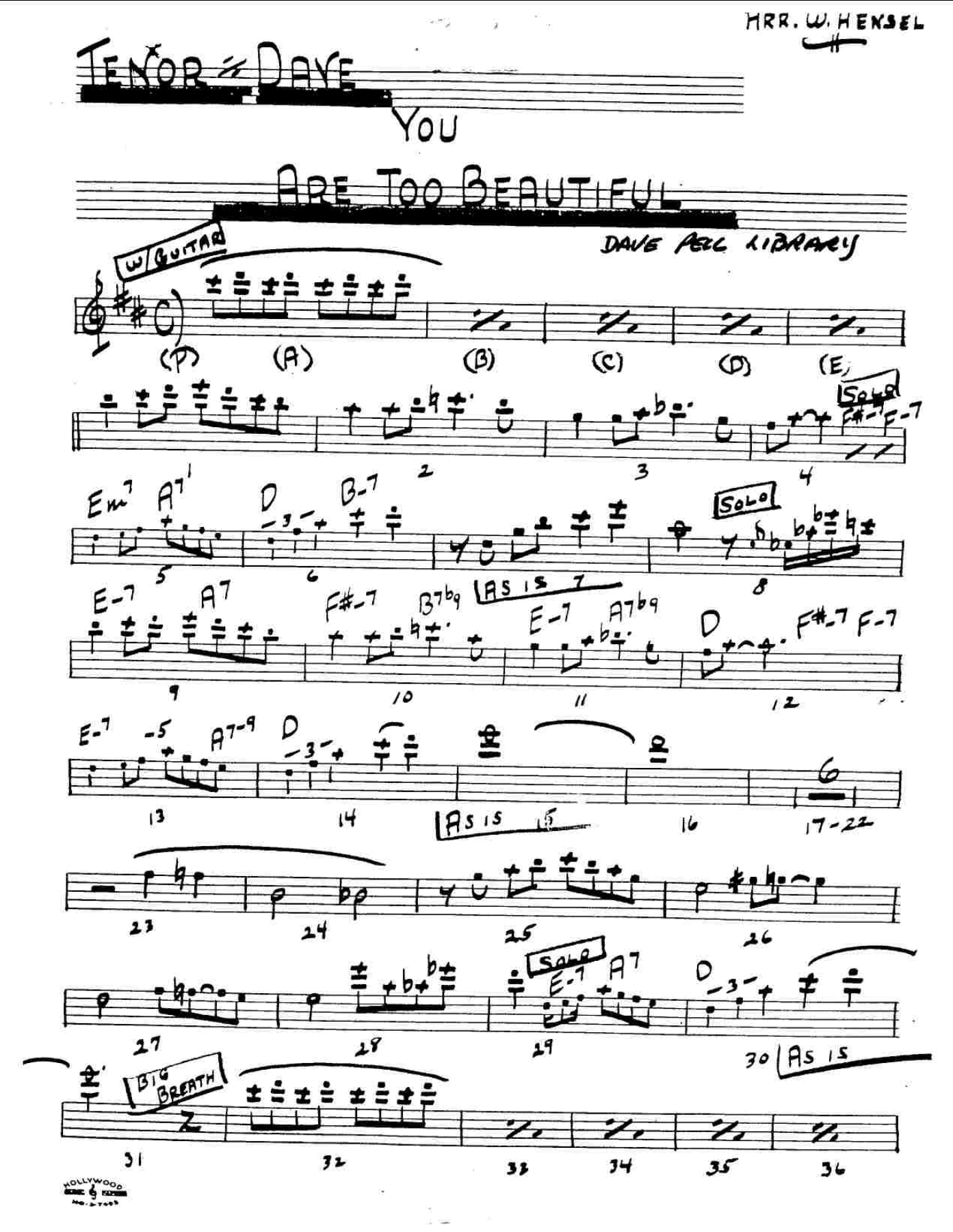You Are Too Beautiful — Small Ensemble sheet music by Hensel - Dave Pell Octet - Ts,Bs,Trp,Trb+Rhythm | Jazz Standard