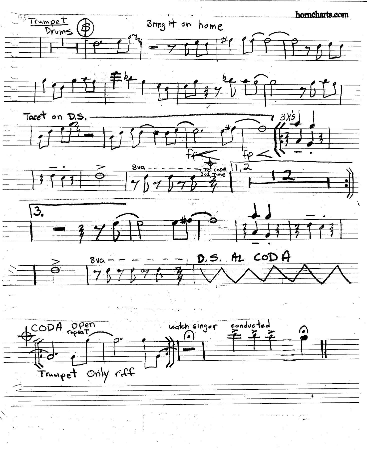 Bring it On Home-3 horns-Incomp — sheet music cover (first page)