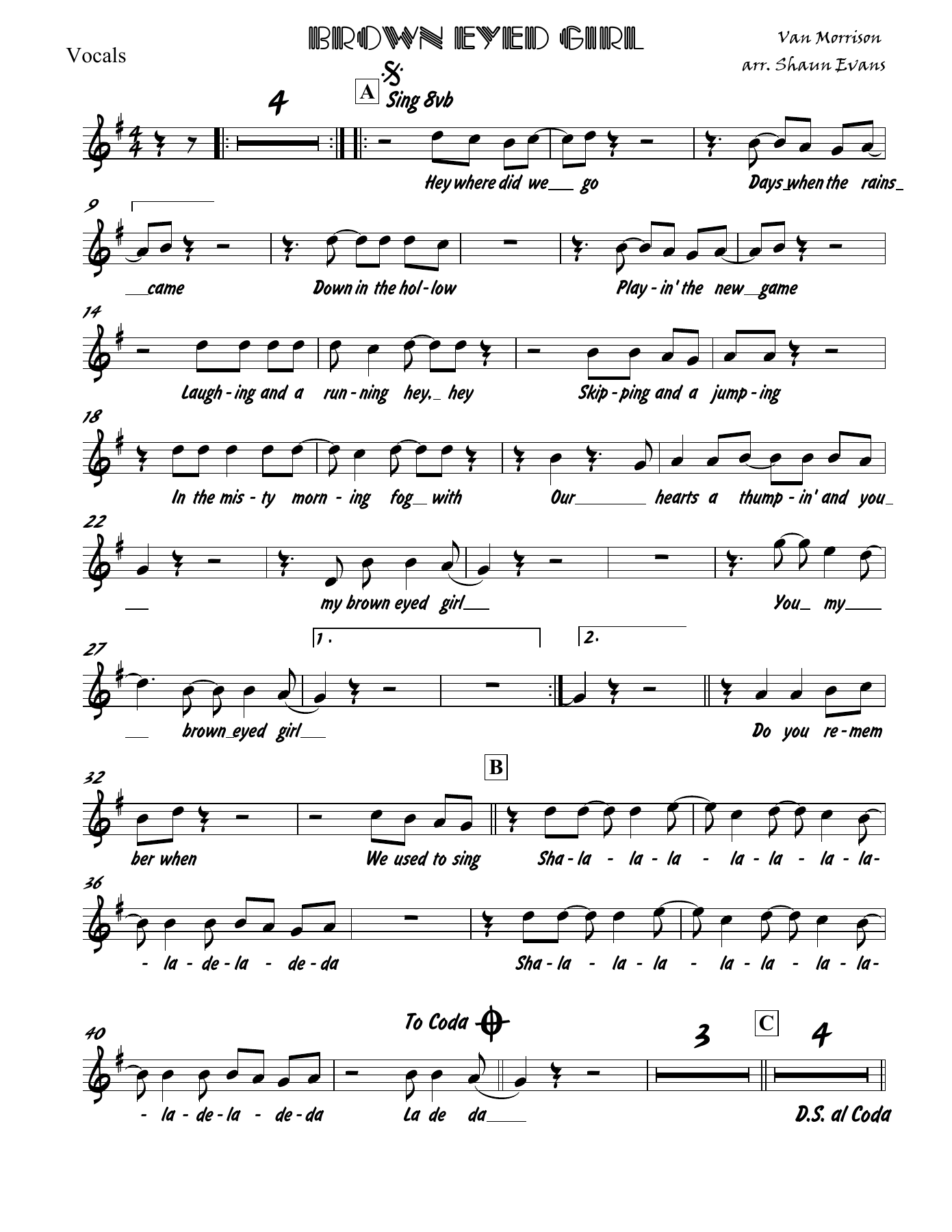 Brown Eyed Girl — スモールアンサンブル sheet music by 3 horns + Rhythm - Van Morrison - Evans | Jazz Standard