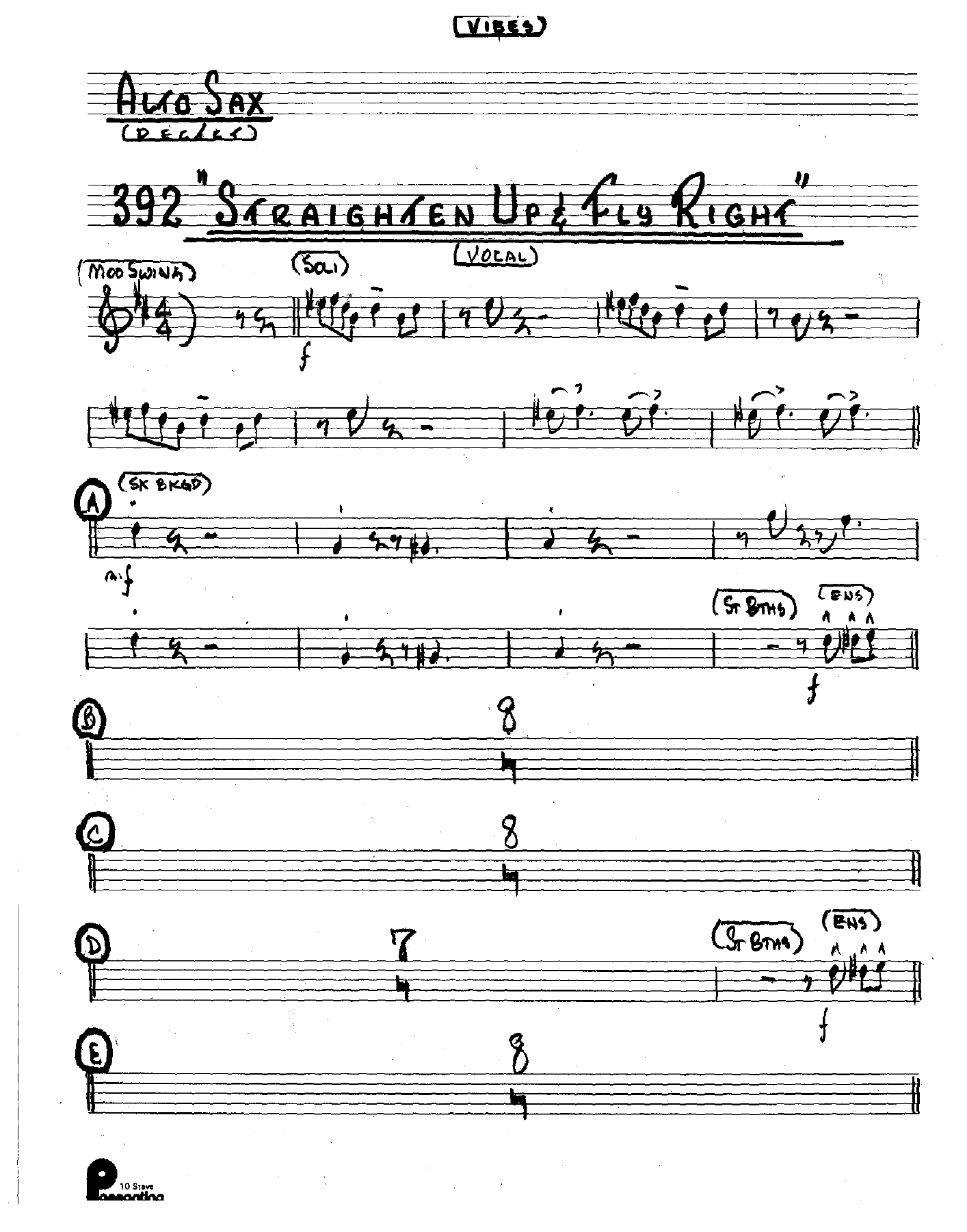 Straighten Up And Fly Right — Small Ensemble sheet music arranged by 6 horns + Rhythm (Vocal) (Vibes Opt) Unk Dectet | Jazz Standard
