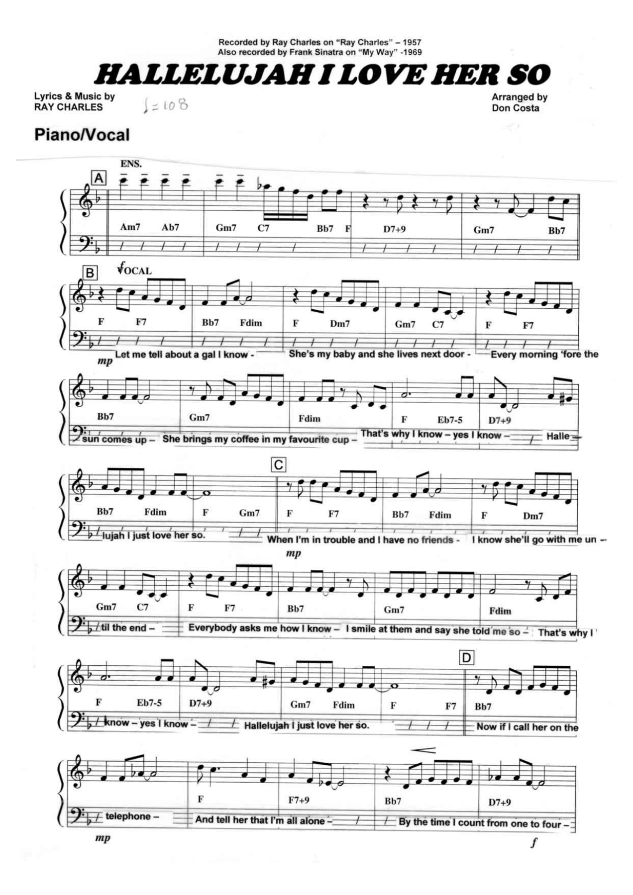 Hallelujah I Love Her So (D.Costa) Vocal F — sheet music preview