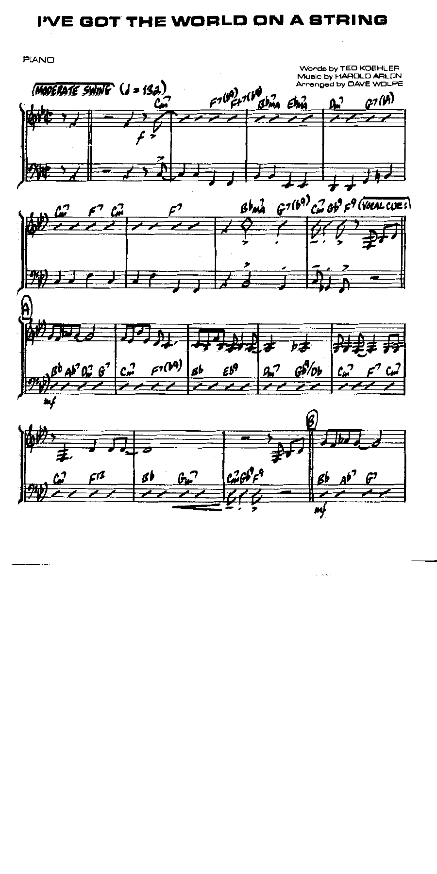 I've Got The World On A String (D.Wolpe)  (vocal Bb 0r Tenor Sax. — Big Band Vocal sheet music by vocal Bb 0r Tenor Sax. | Jazz Standard