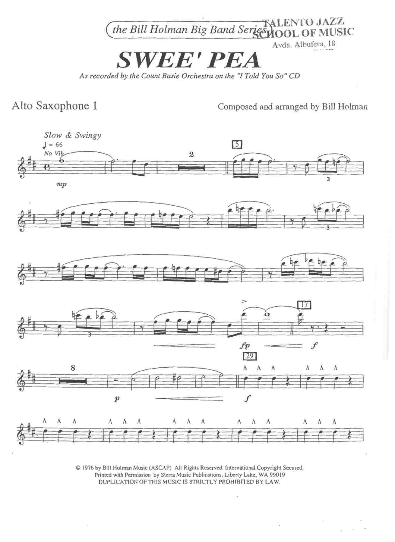 Swee' Pea (B.Holman) C.Basie — Big Band sheet music arranged by Bill Holman | Jazz Standard