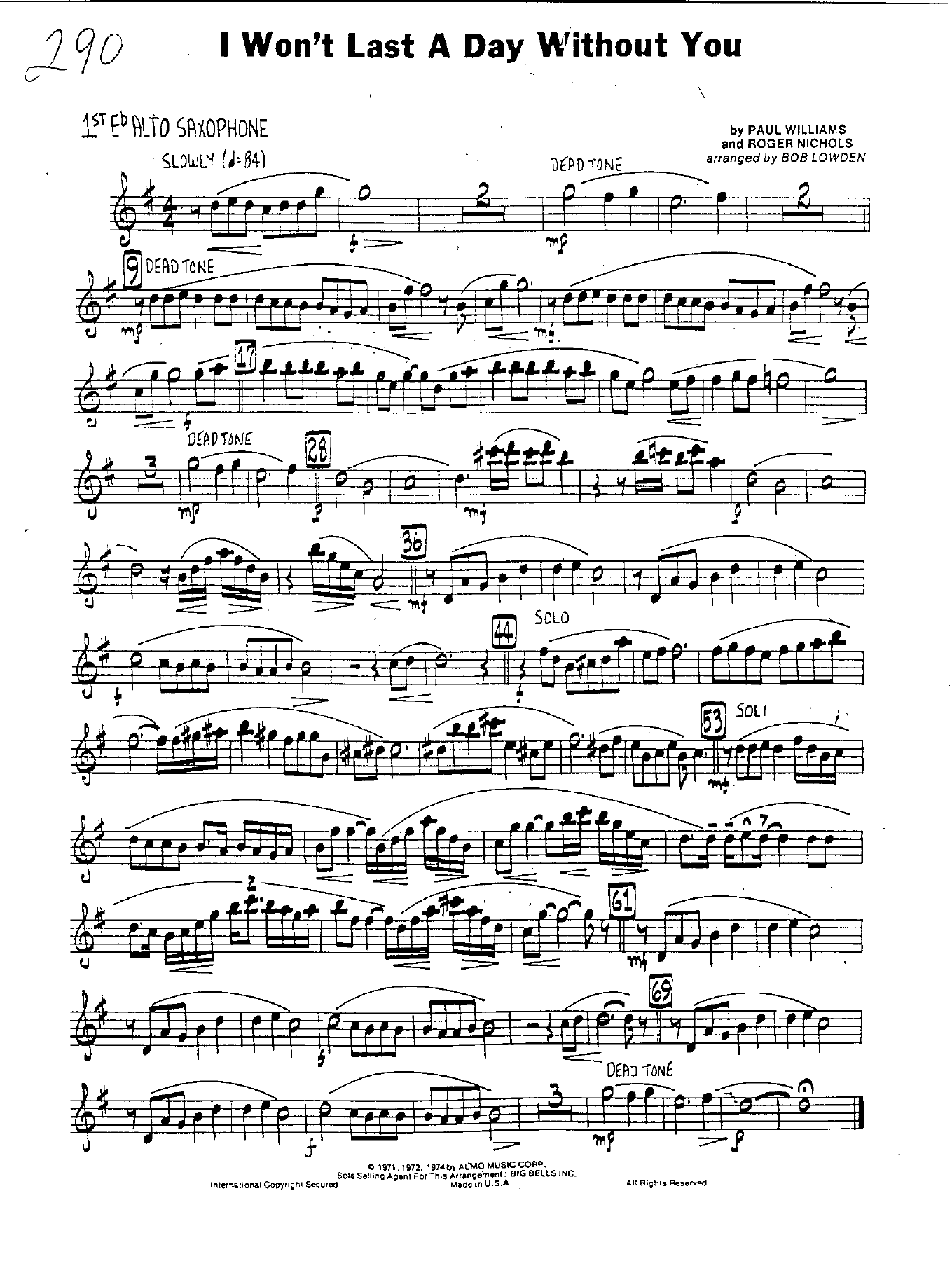 I Won't Last A Day Without You — Big Band sheet music by B.Lowden | Jazz Standard