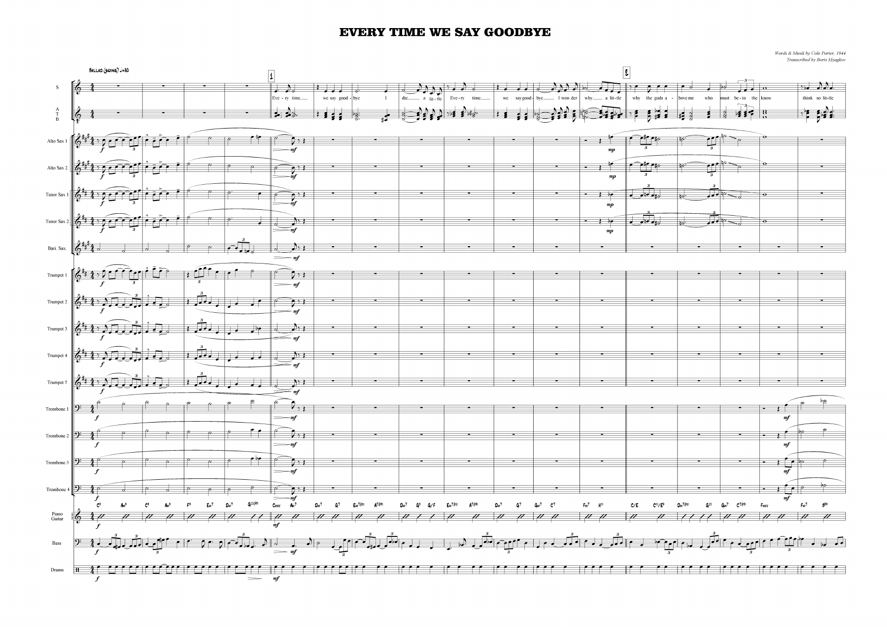 Every Time We Say Goodbye (B.Myagkov)  SATB Voc — Big Band sheet music arranged by Boris Myagkov | Jazz Standard