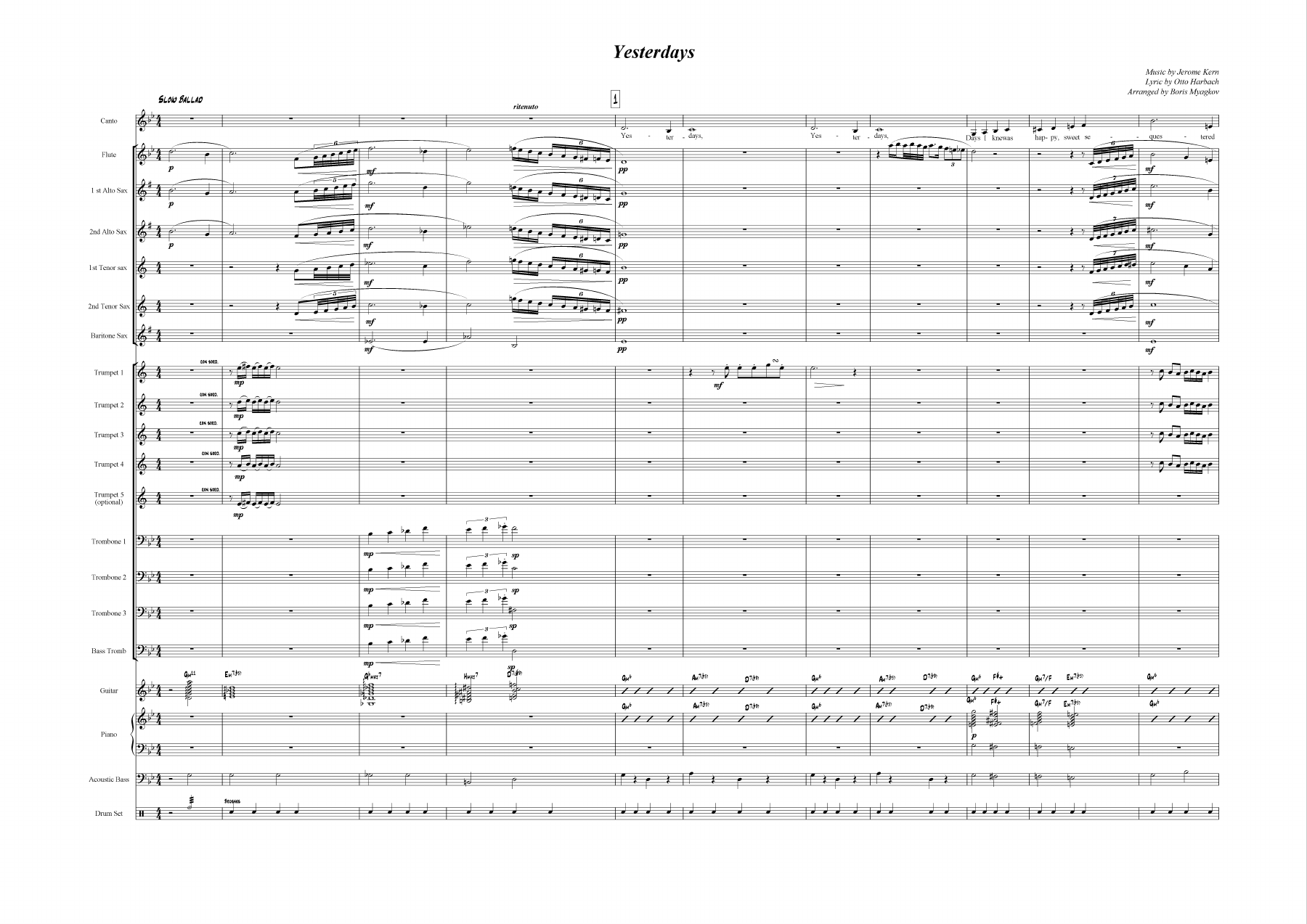 Yesterdays — sheet music cover (first page)