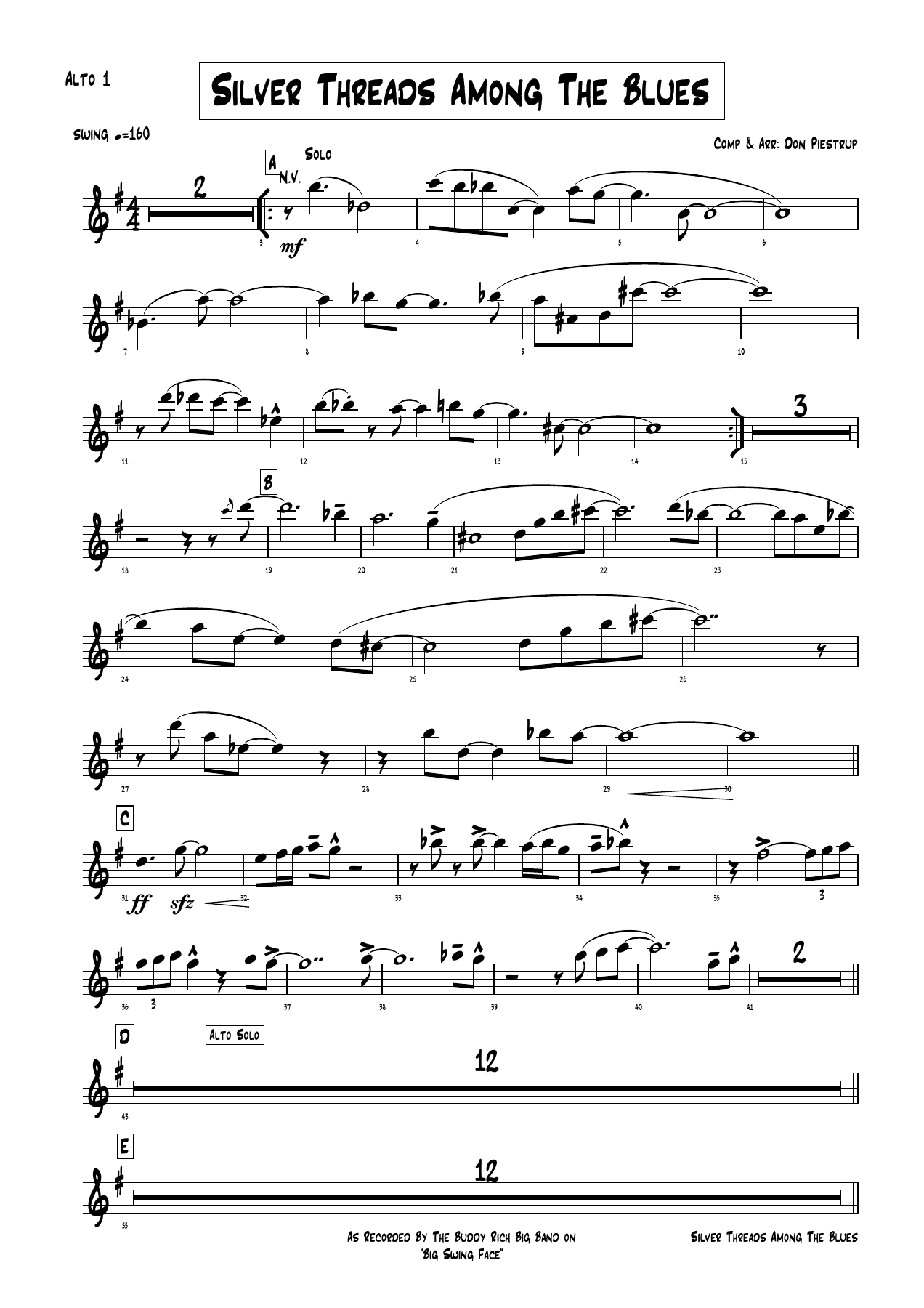 Silver Threads Among The Blues (D.Piestrub) B.Rich — sheet music cover (first page)