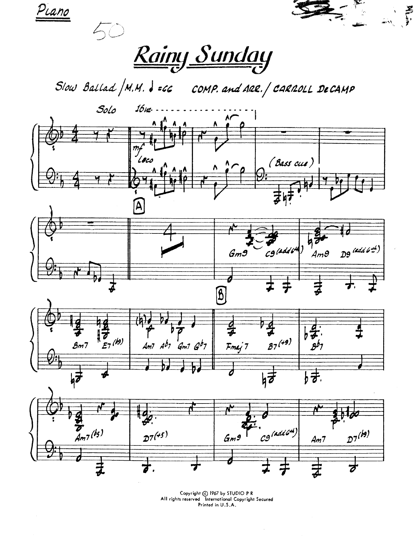 Rainy Sunday — sheet music cover (first page)