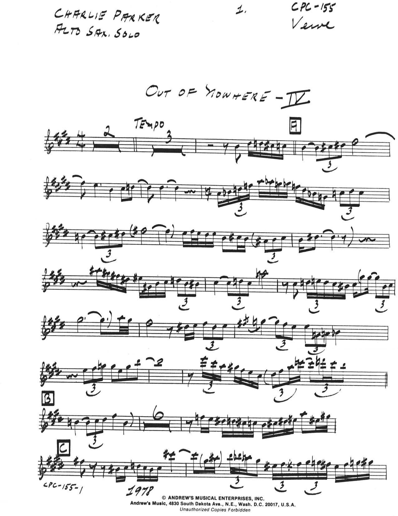 Out Of Nowhere — sheet music cover (first page)
