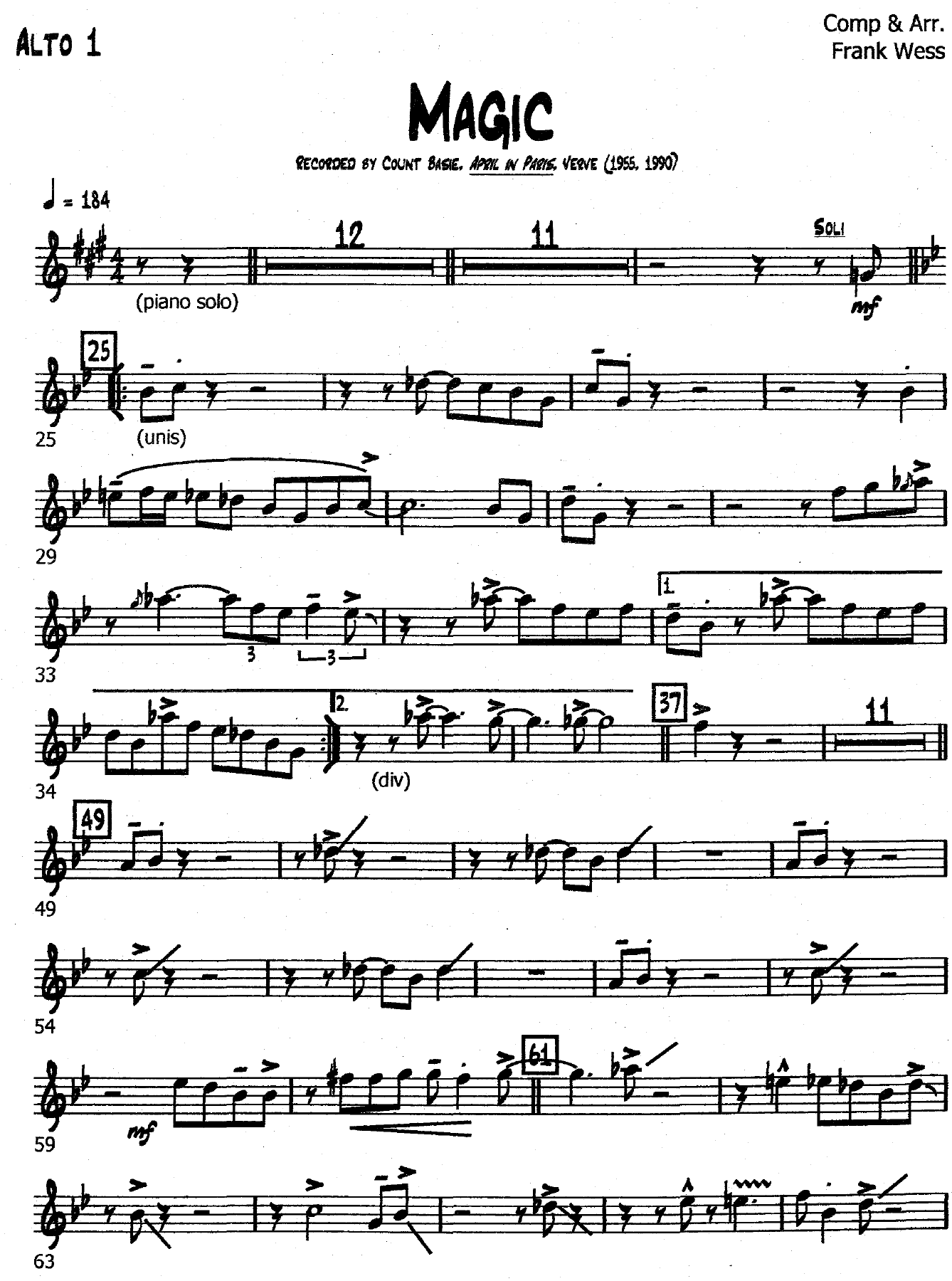 Magic (F.Wess) C.Basie — sheet music preview