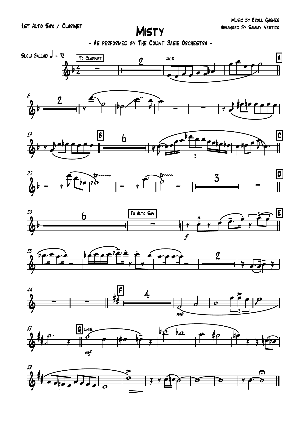Misty (S.Nestico) C.Basie — Big Band sheet music arranged by Count Basie | Jazz Standard