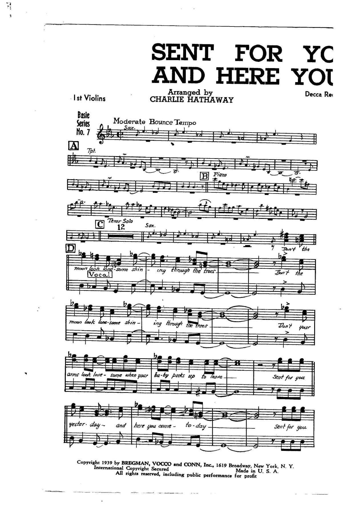 Sent For You Yesterday And Here You Come Today (C.Hattaway) C.Basie — sheet music cover (first page)