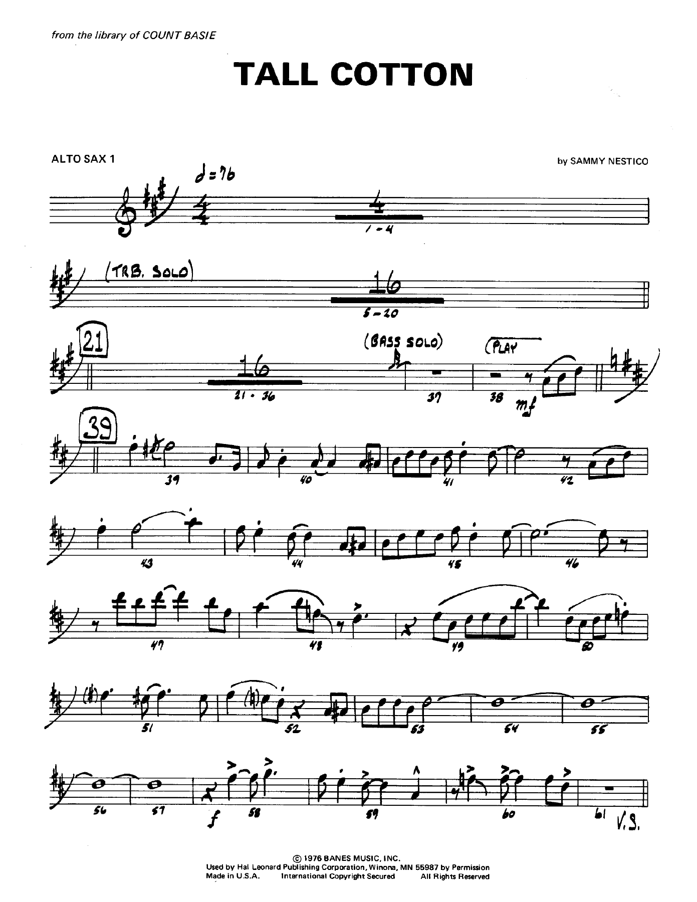 Tall Cotton (S.Nestico) C.Basie — Big Band sheet music arranged by Count Basie | Jazz Standard