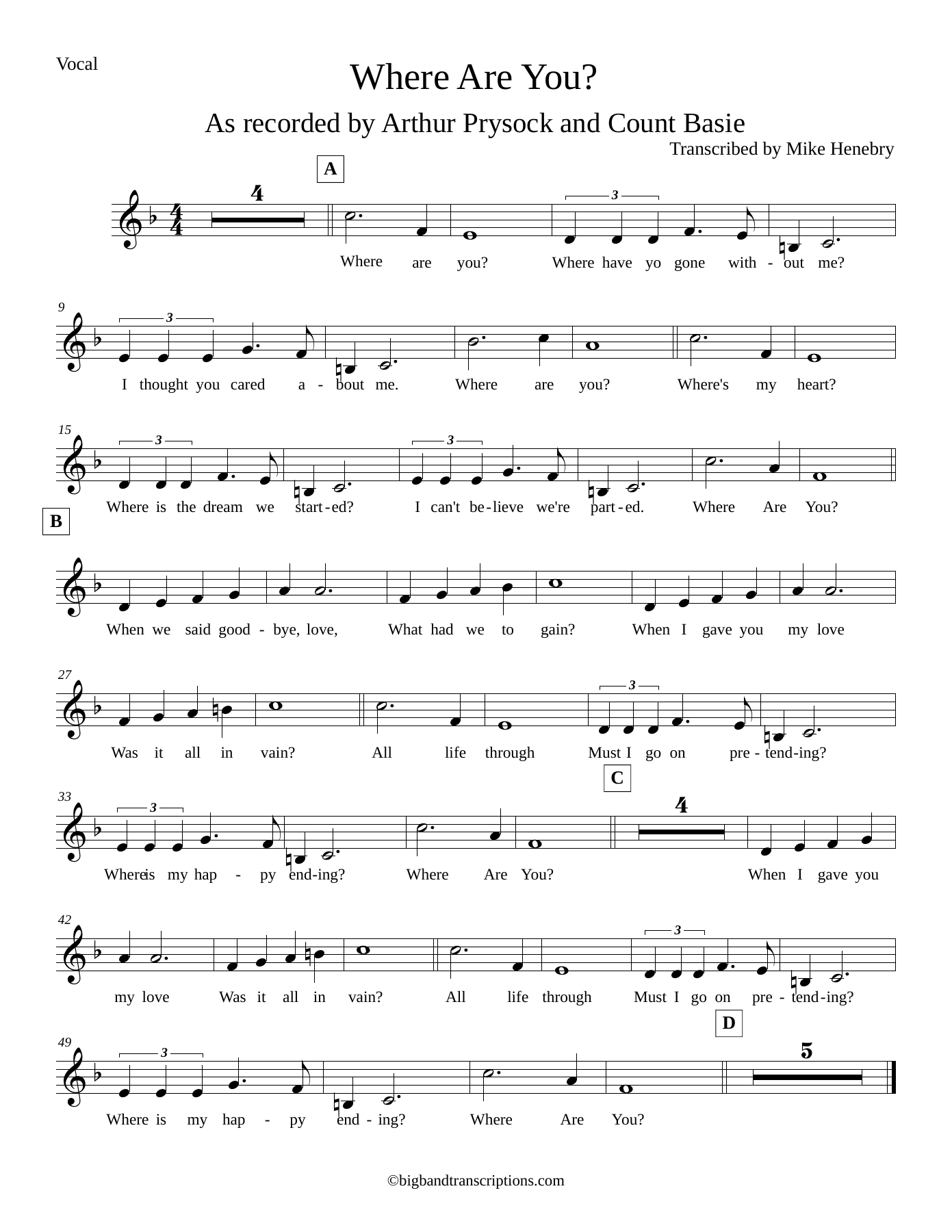 Where Are You (M.Henebry) C.Basie-A.Prysock. MP3 voc — sheet music preview