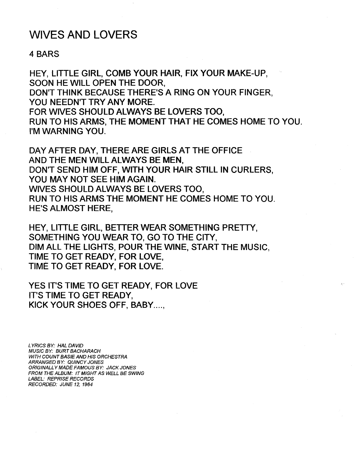 Wives And Lovers (F.Sinatra) C.Basie — sheet music cover (first page)