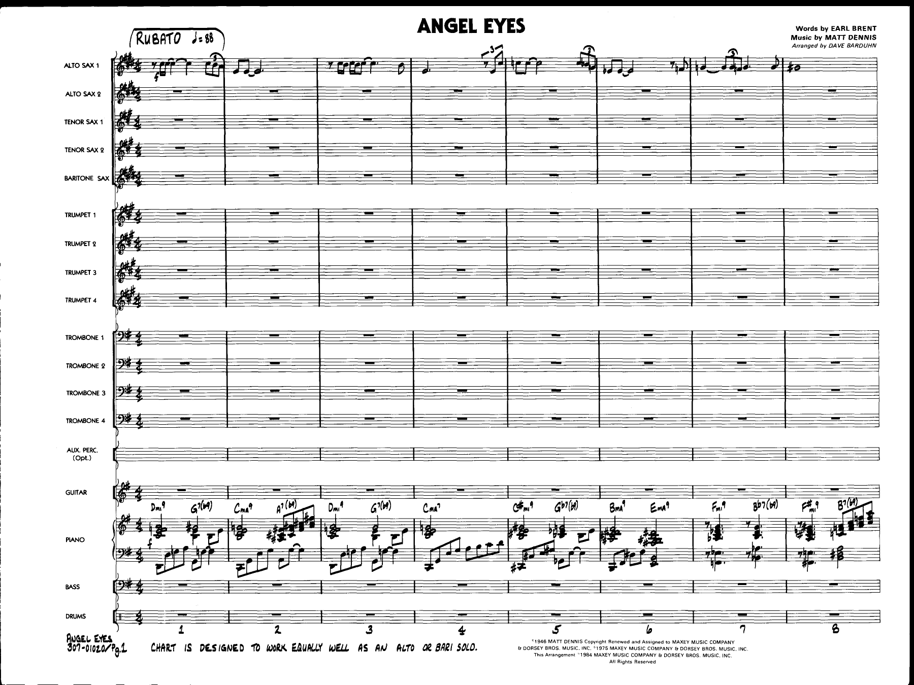 Angel Eyes — sheet music cover (first page)
