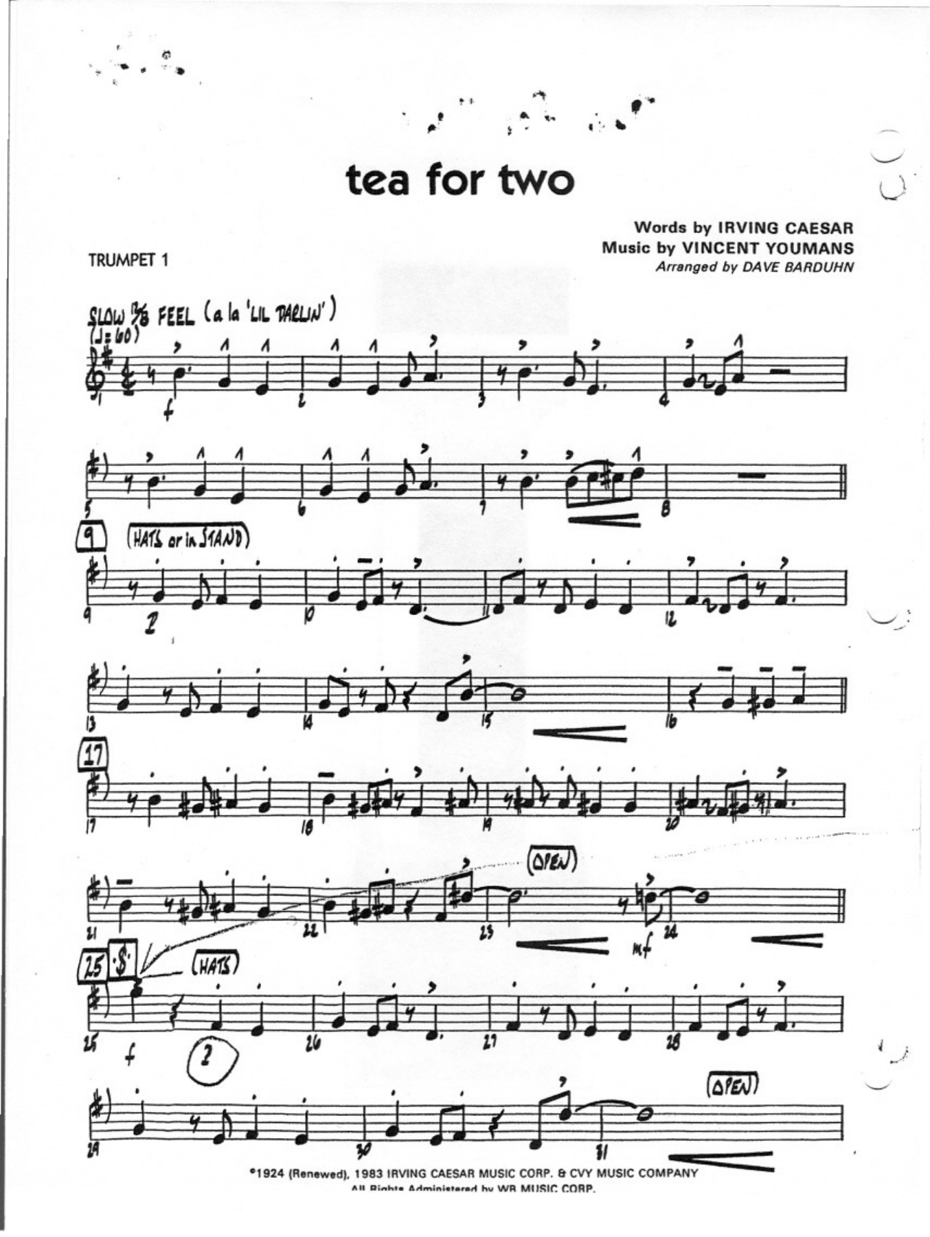 Tea For Two — Big Band sheet music arranged by D.Barduhn | Jazz Standard