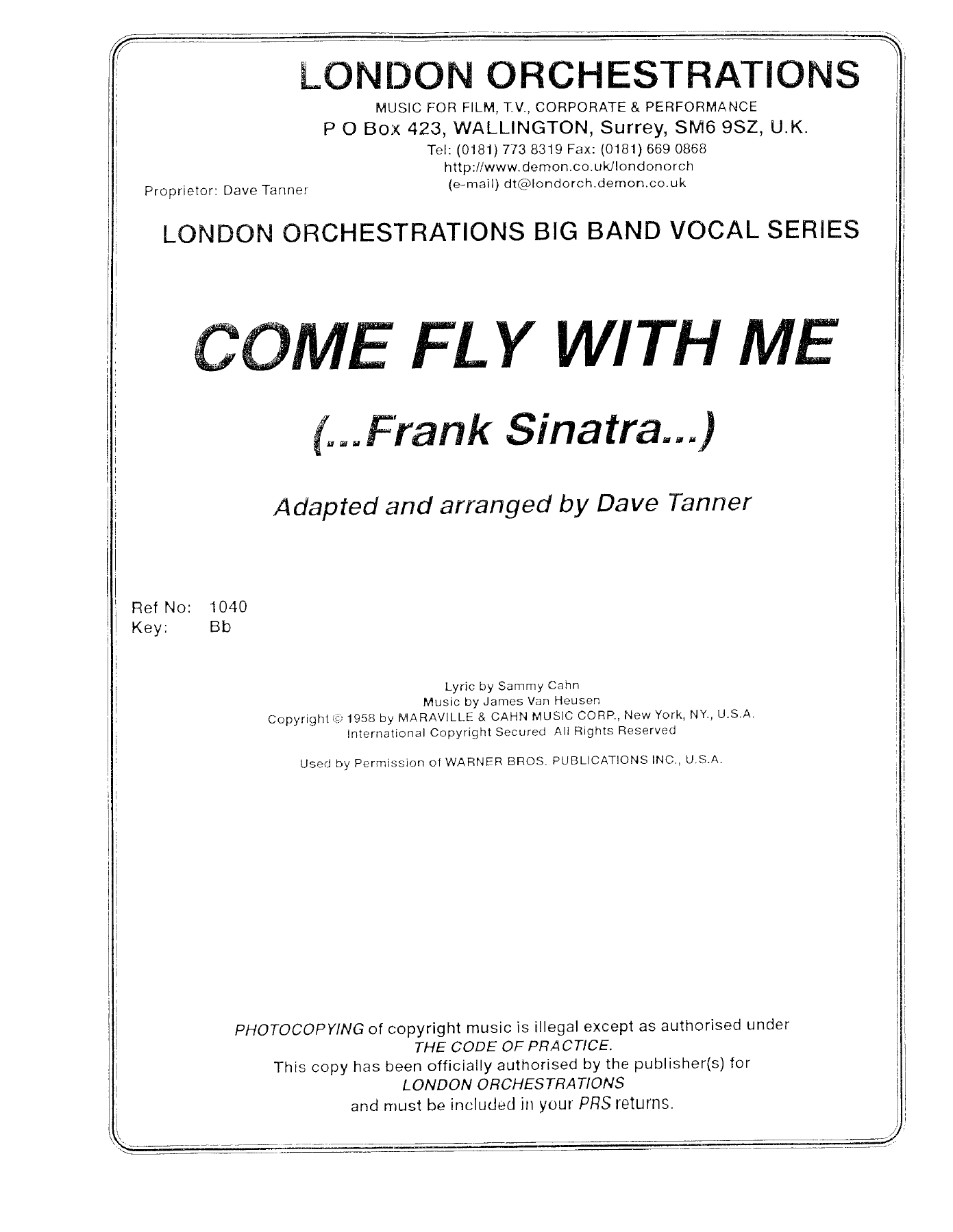 Come Fly With Me (D.Tanner) F.Sinatra — Big Band sheet music arranged by Dave Tanner | Jazz Standard