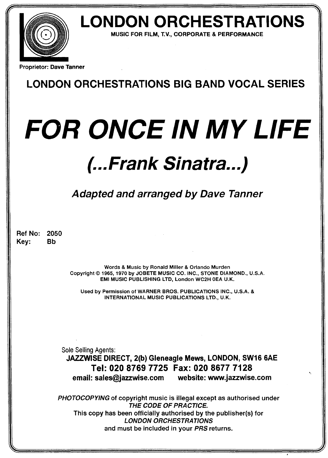 For Once In My Life (D.Tanner) F.Sinatra Vocal — sheet music cover (first page)
