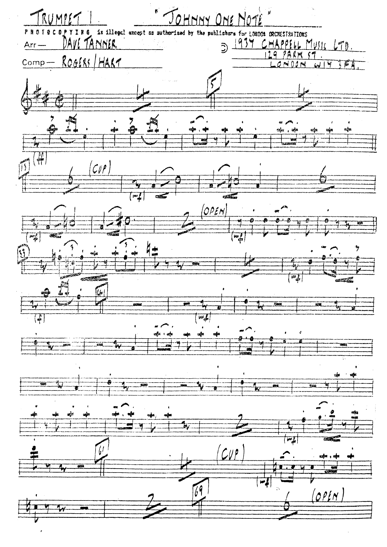 Johnny One Note — sheet music cover (first page)