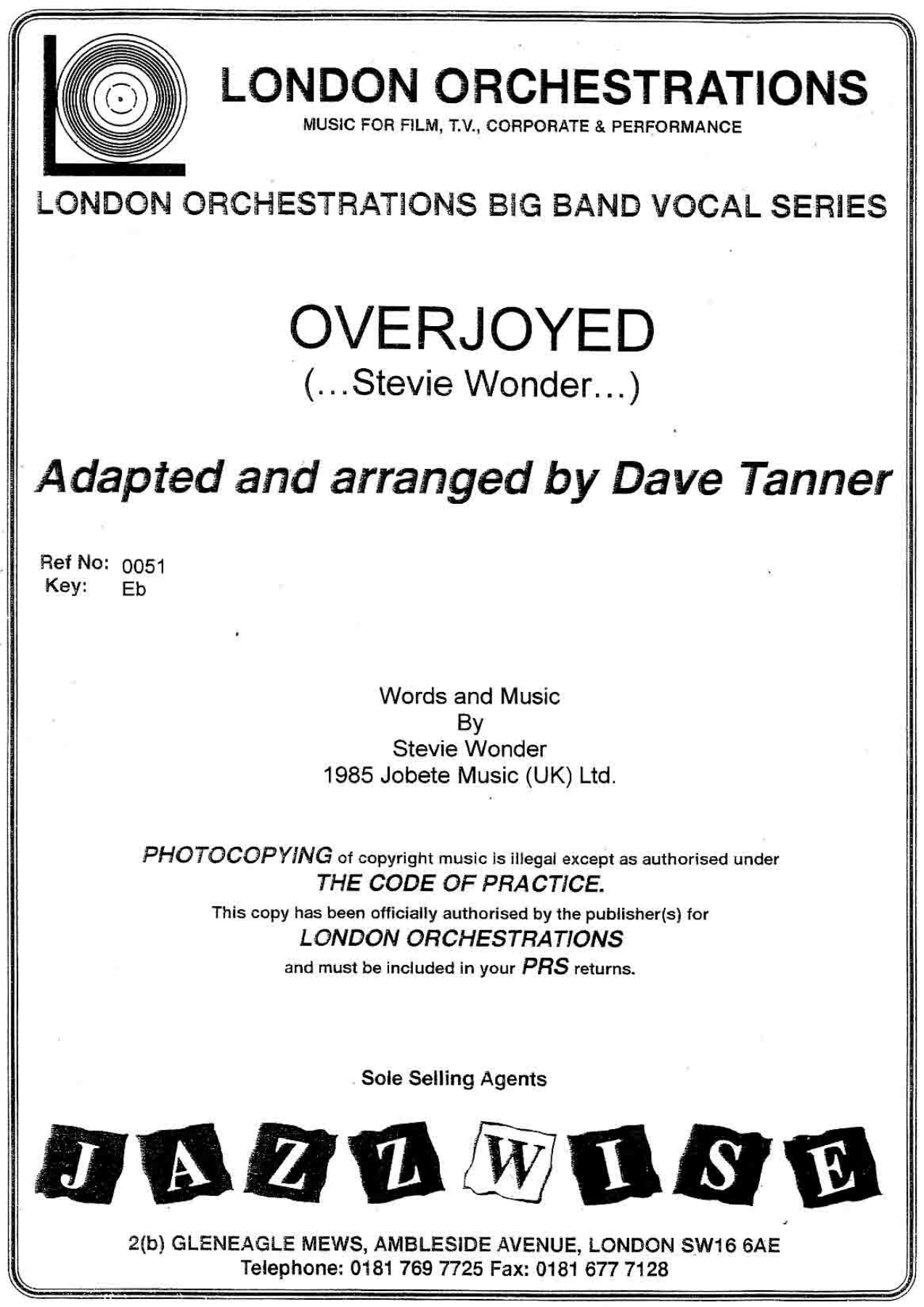 Overjoyed (D.Tanner) S.Wonder — Big Band sheet music arranged by Dave Tanner | Jazz Standard