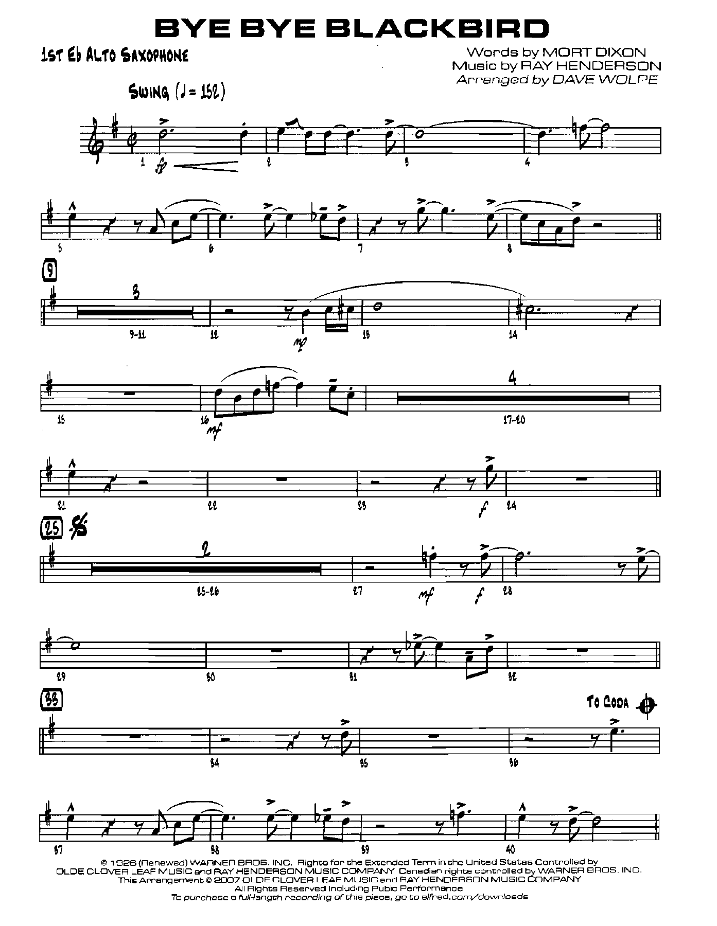 Bye Bye Blackbird — sheet music cover (first page)