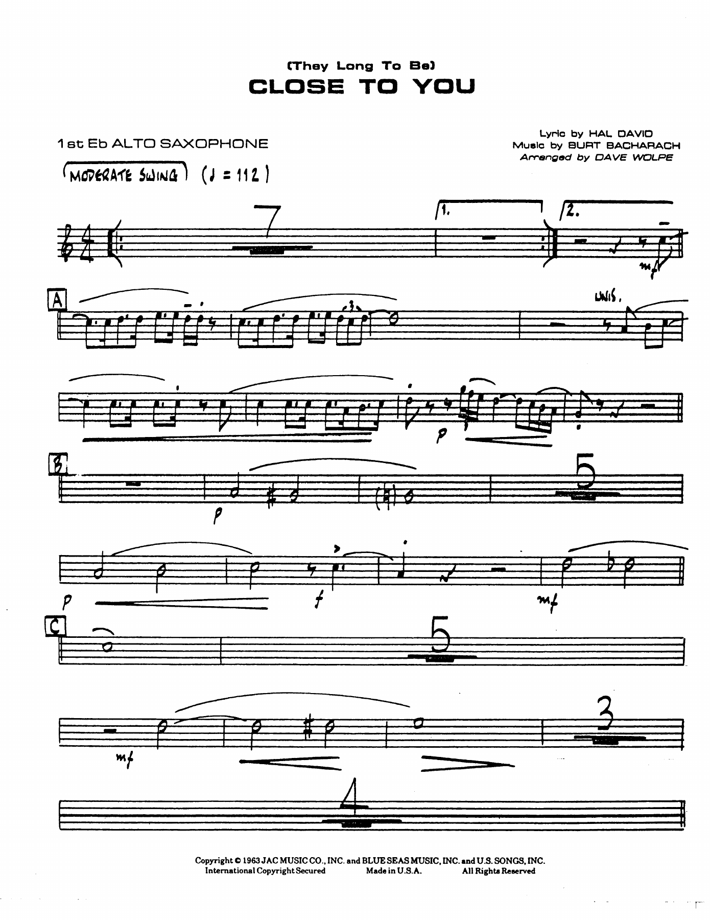 Close To You — sheet music cover (first page)