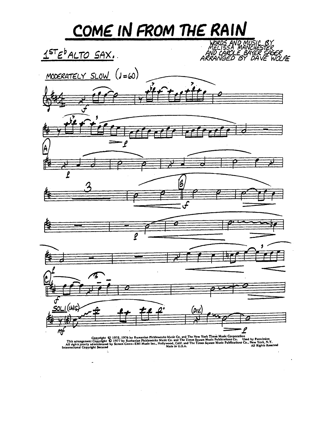 Come In From The Rain — Big Band sheet music arranged by D.Wolpe | Jazz Standard