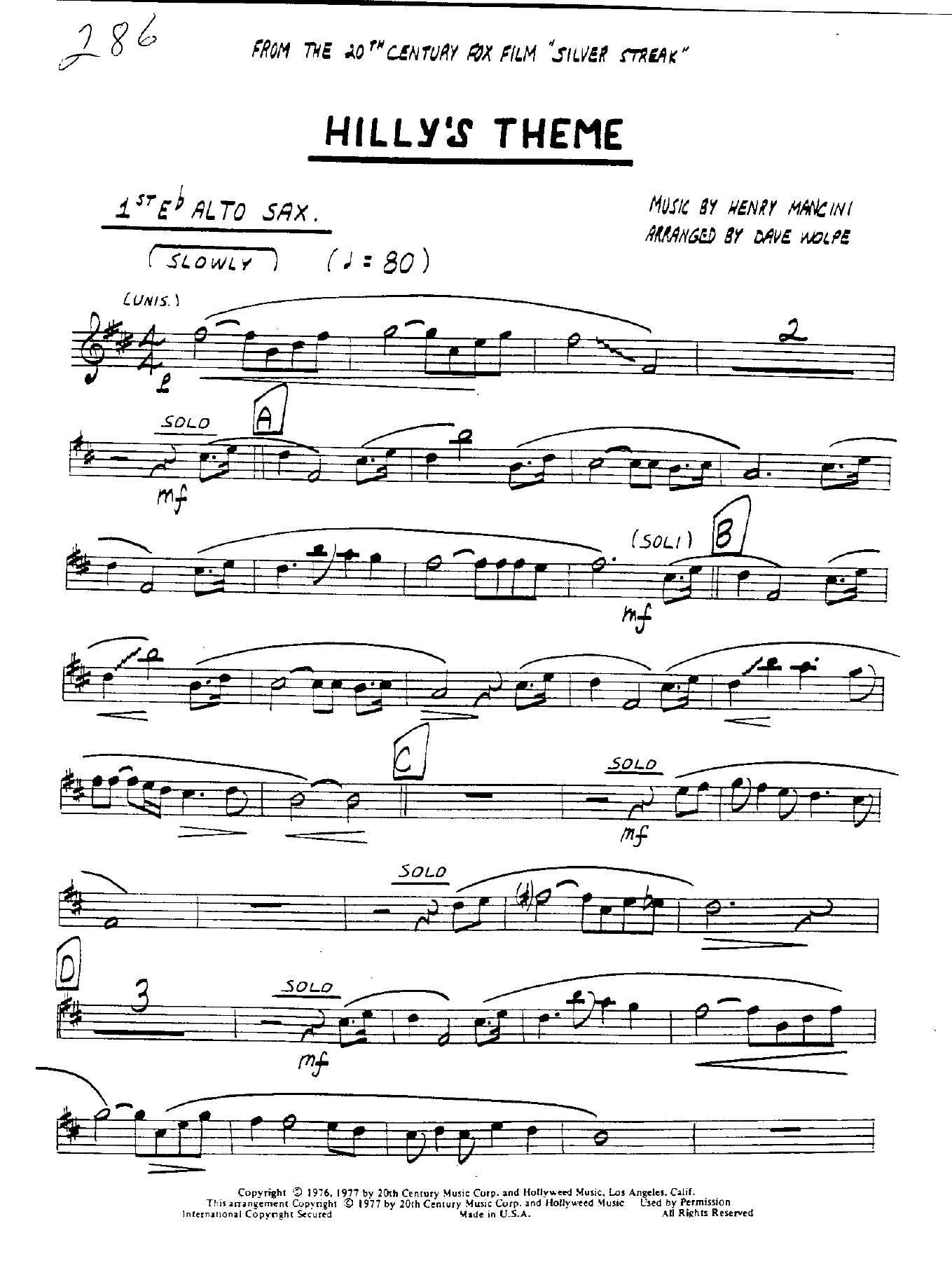Hilly's Theme — sheet music cover (first page)