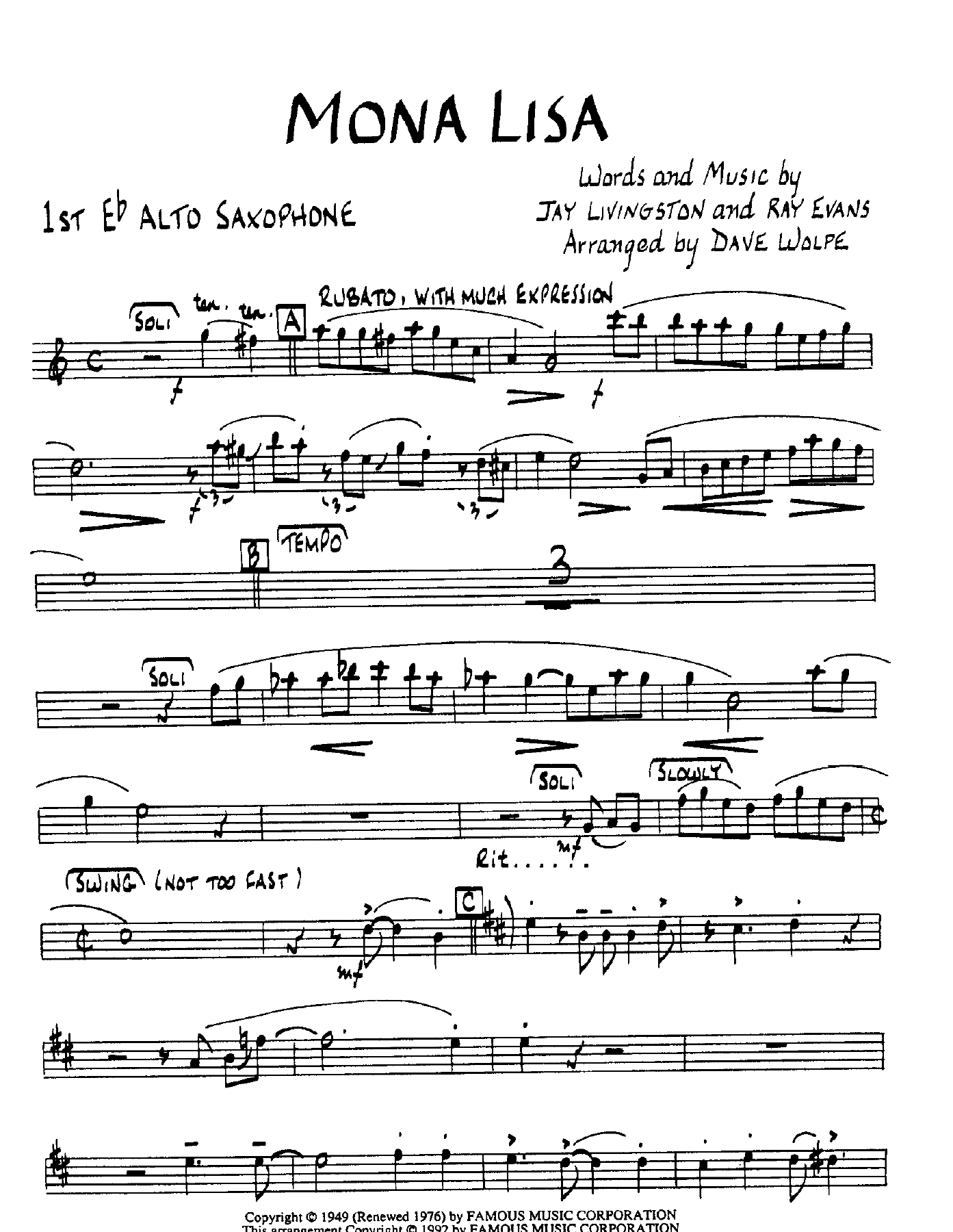 Mona Lisa — sheet music cover (first page)