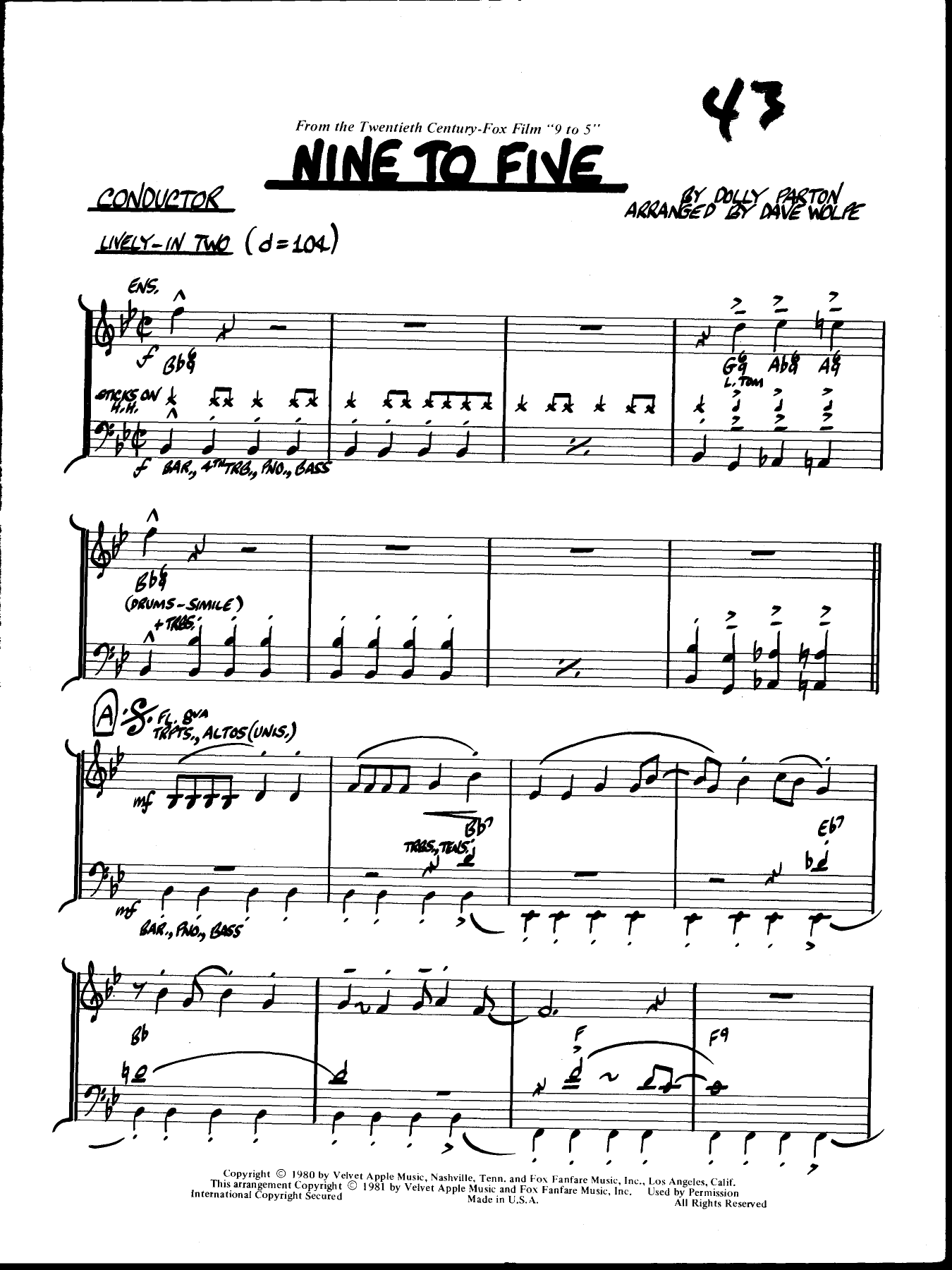 Nine To Five — sheet music cover (first page)