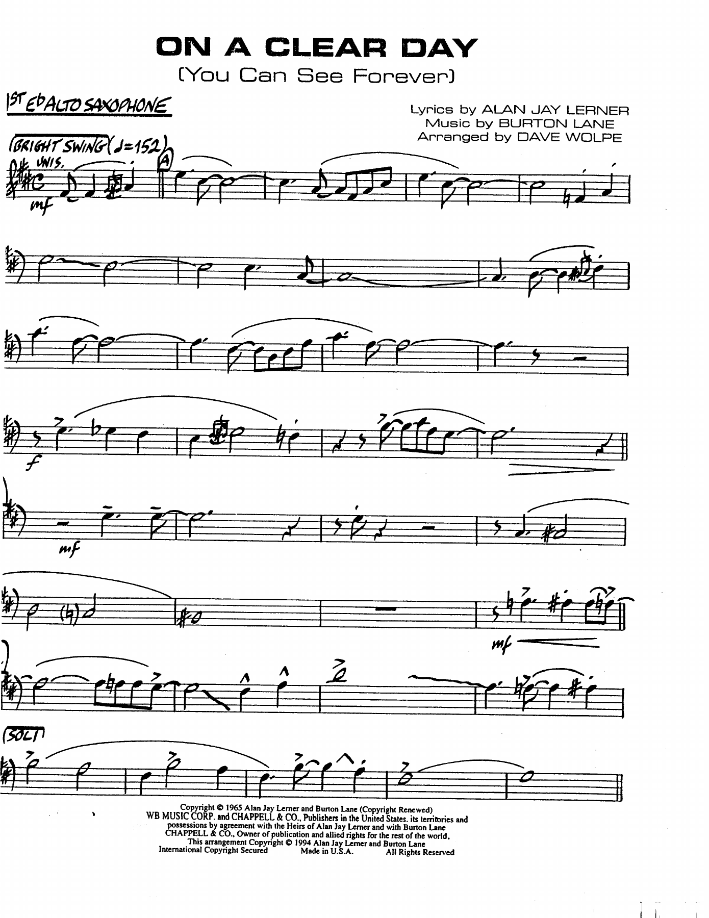 On A Clear Day — sheet music cover (first page)
