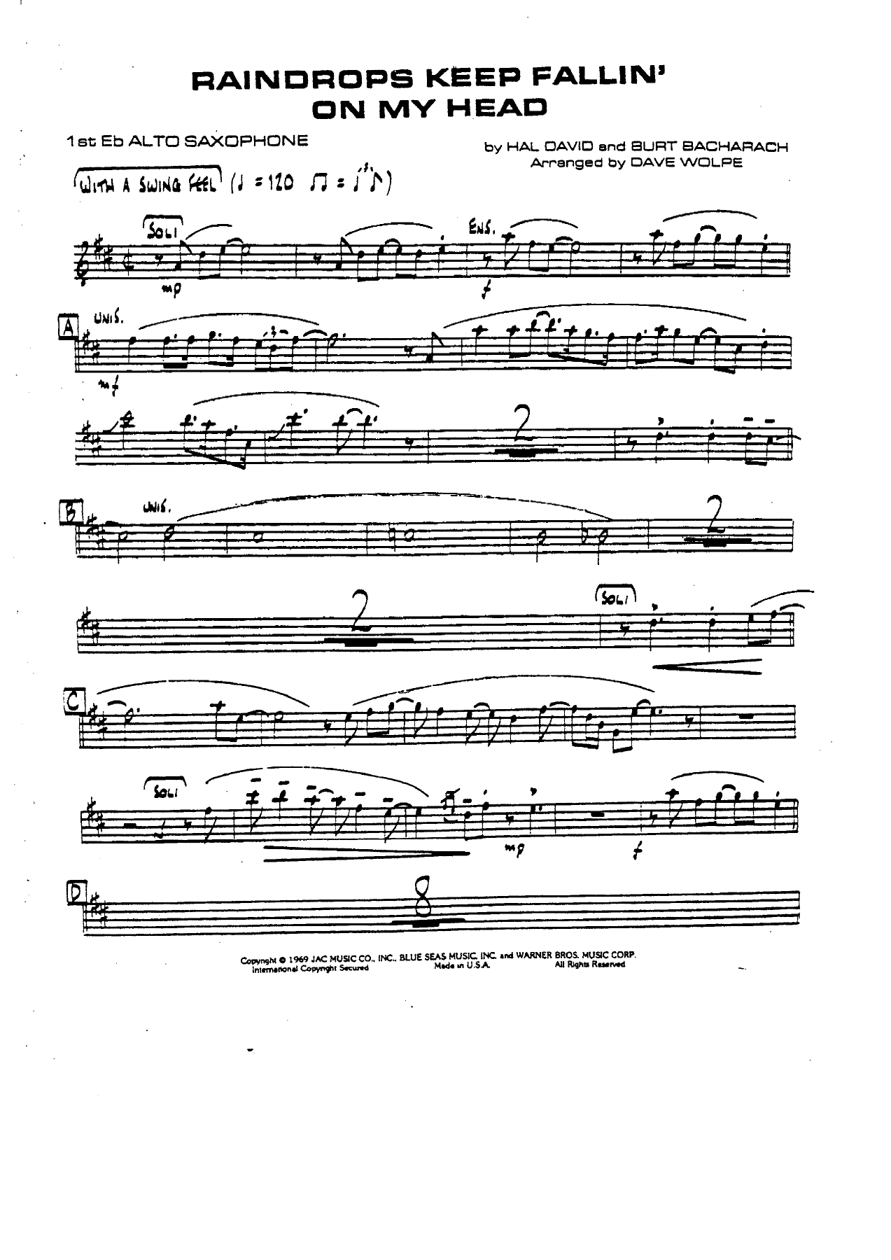Raindrops Keep Falling  On My Head — sheet music preview