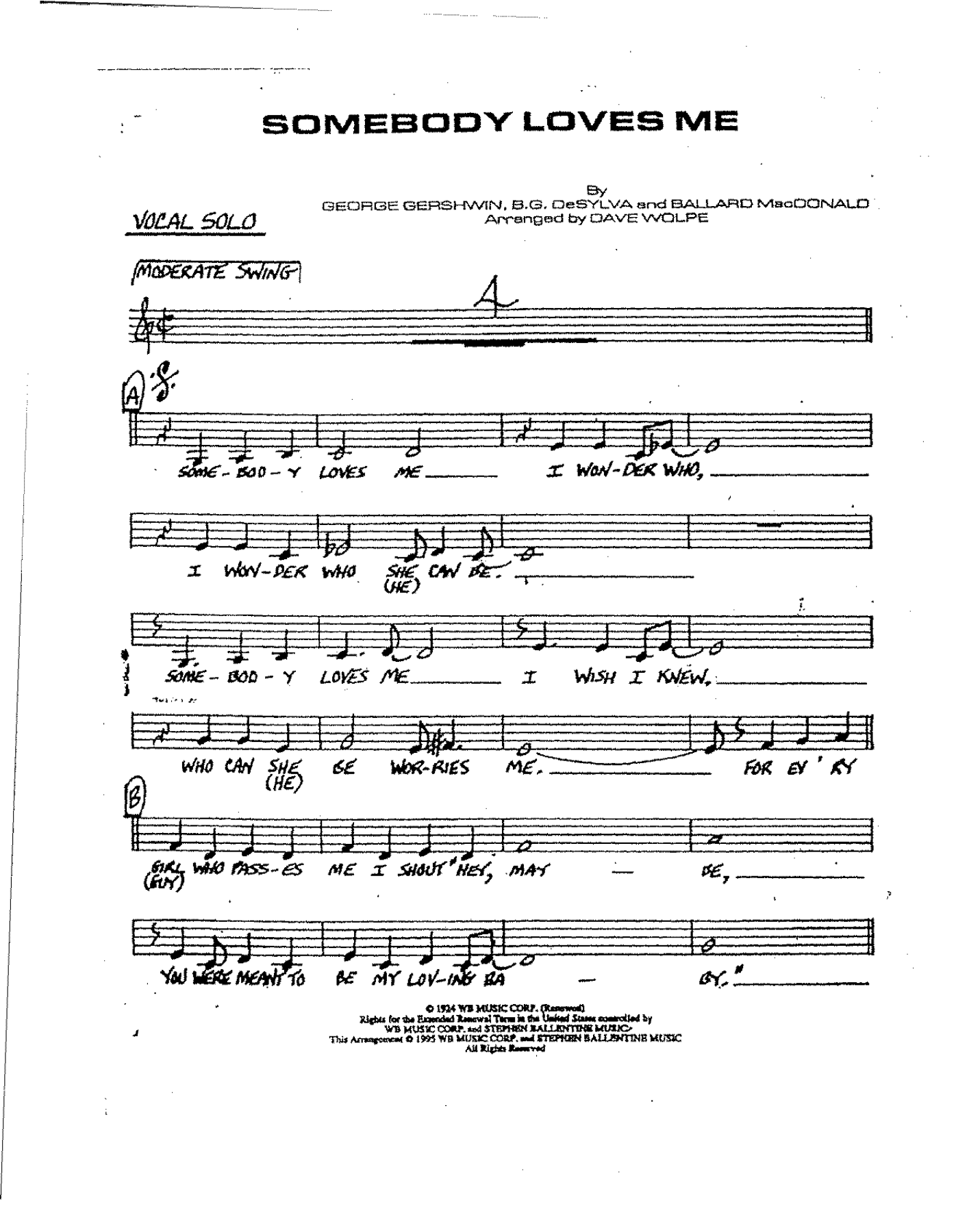 Somebody Loves Me — sheet music cover (first page)